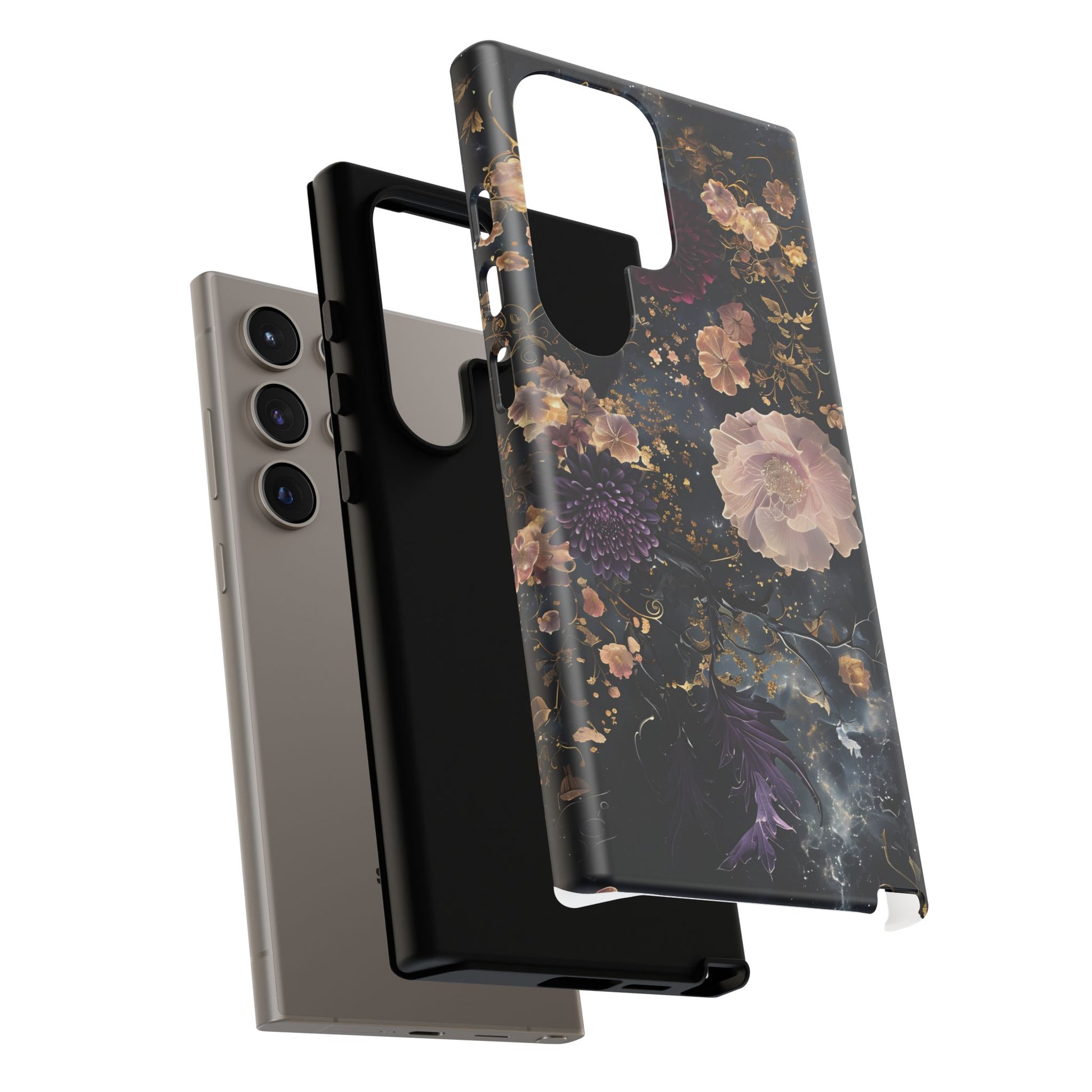 Phone Case, Whimsical Floral Pattern Against Cosmic Nebulous Background. Galaxy, Space, Tough Protective Cover, Unique Gift, Trendy