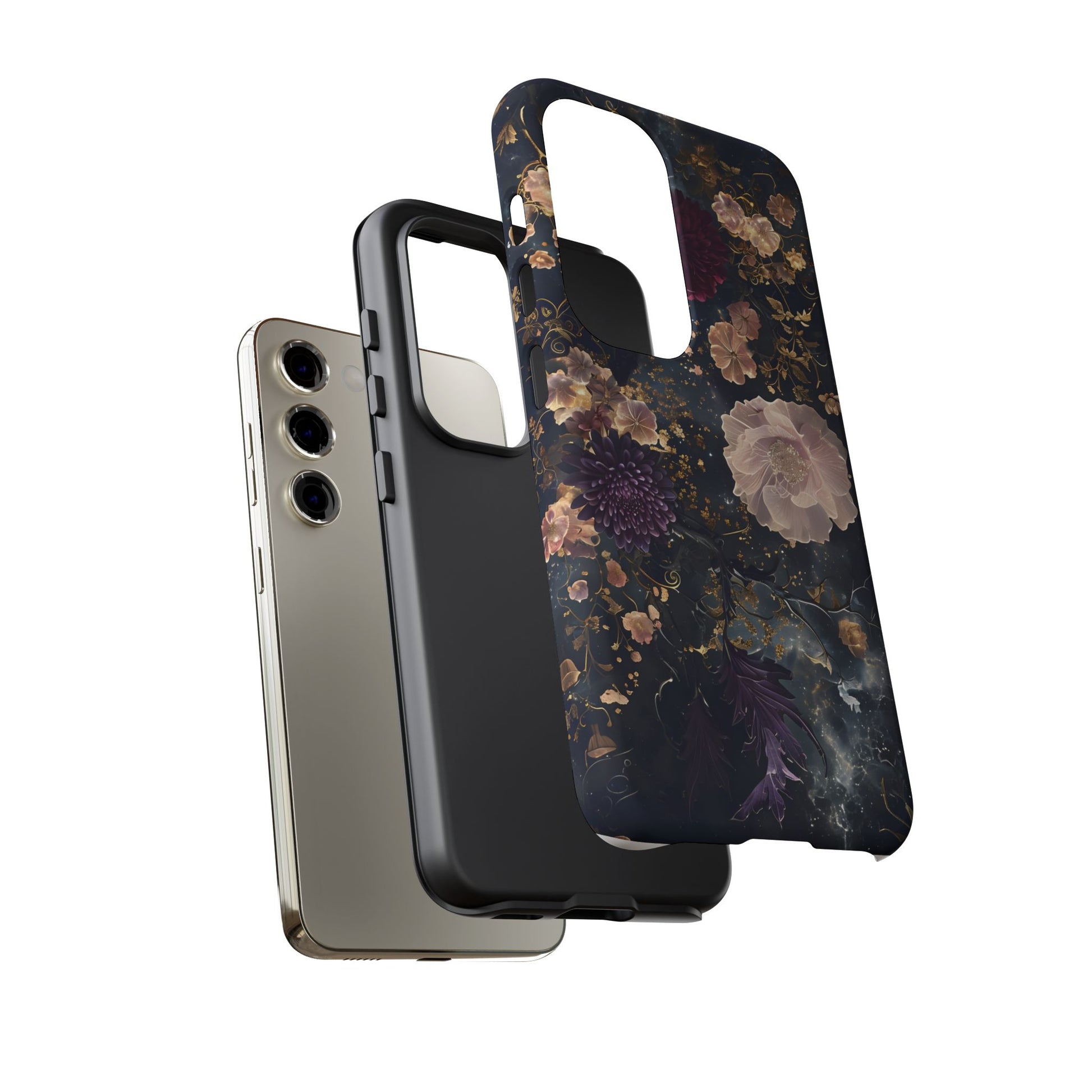 Phone Case, Whimsical Floral Pattern Against Cosmic Nebulous Background. Galaxy, Space, Tough Protective Cover, Unique Gift, Trendy
