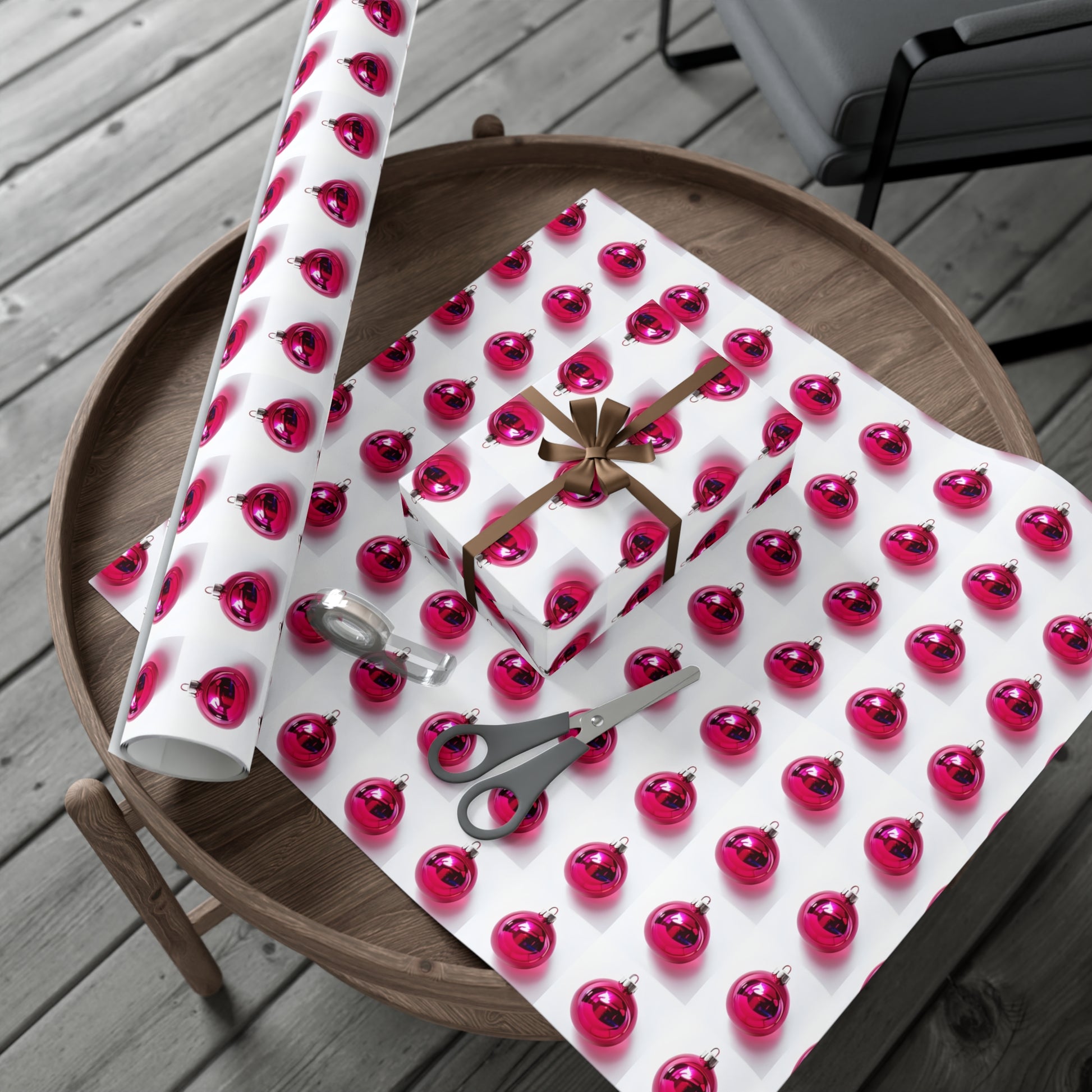 Wrapping Paper, Hot Pink Christmas Ornaments On White Background - Gift Wrap Rolls, Eco-Friendly Gift Wrap, Holiday