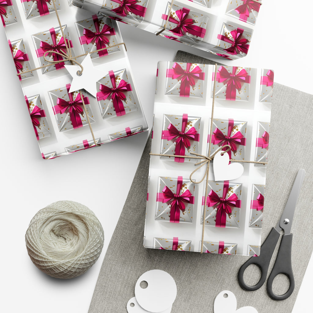 Wrapping Paper, Elegantly Wrapped Gifts On White Background with Hot Pink Bows - Gift Wrap Rolls, Eco-Friendly Gift Wrap, Holiday