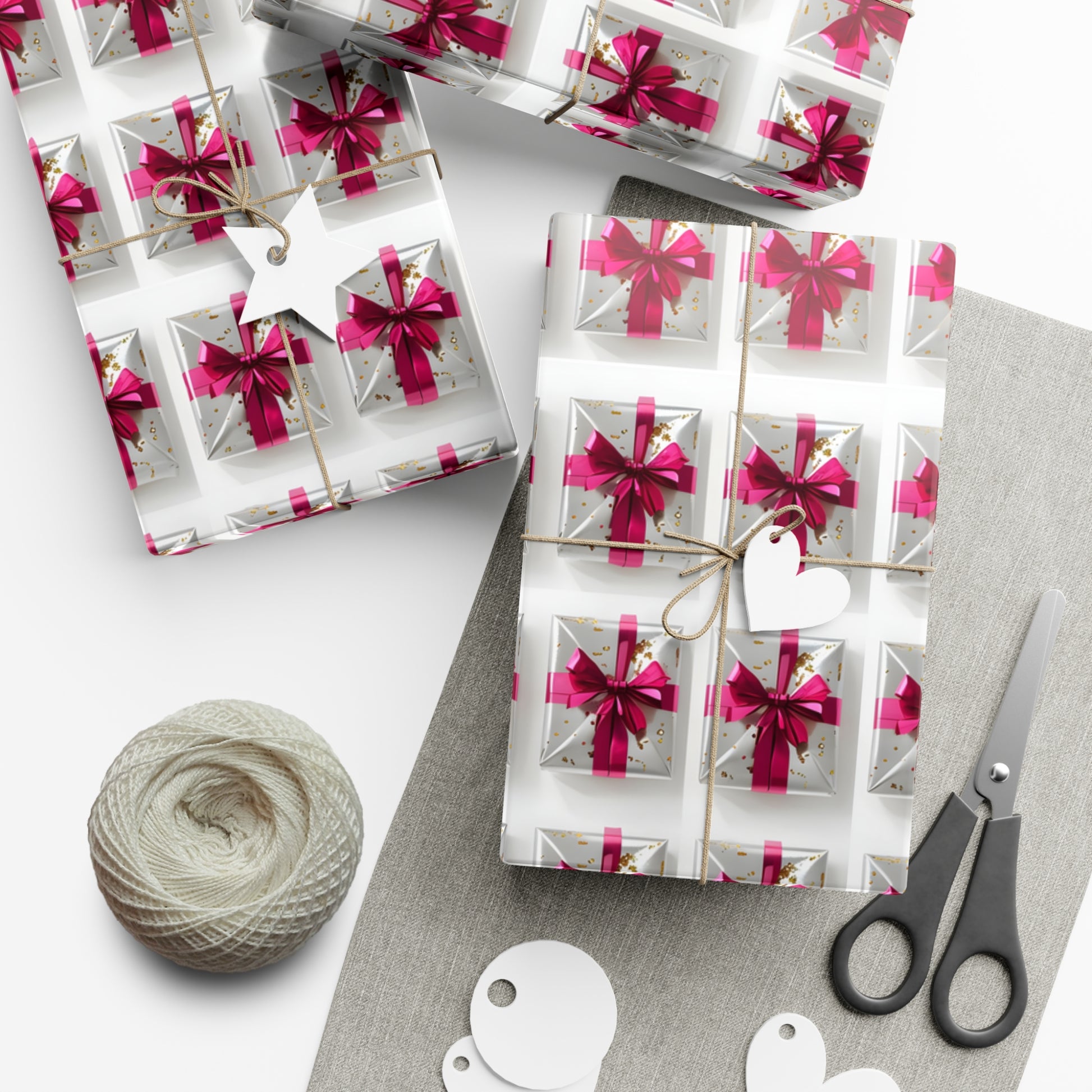 Wrapping Paper, Elegantly Wrapped Gifts On White Background with Hot Pink Bows - Gift Wrap Rolls, Eco-Friendly Gift Wrap, Holiday