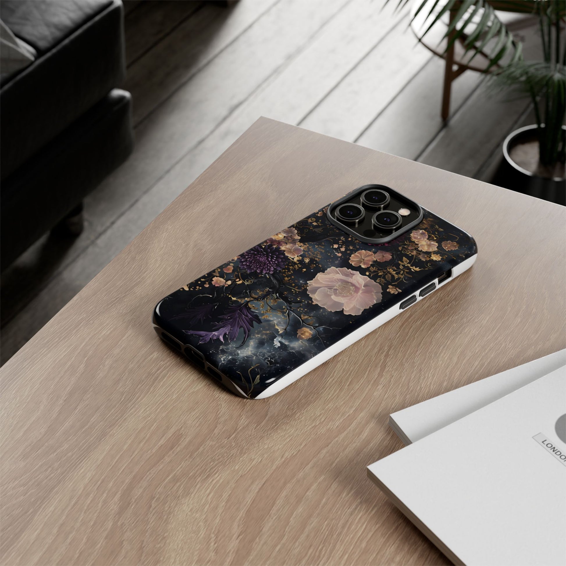 Phone Case, Whimsical Floral Pattern Against Cosmic Nebulous Background. Galaxy, Space, Tough Protective Cover, Unique Gift, Trendy