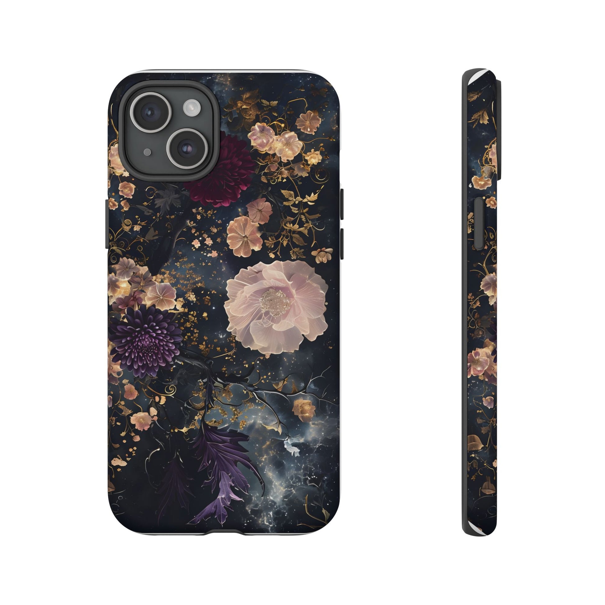 Phone Case, Whimsical Floral Pattern Against Cosmic Nebulous Background. Galaxy, Space, Tough Protective Cover, Unique Gift, Trendy