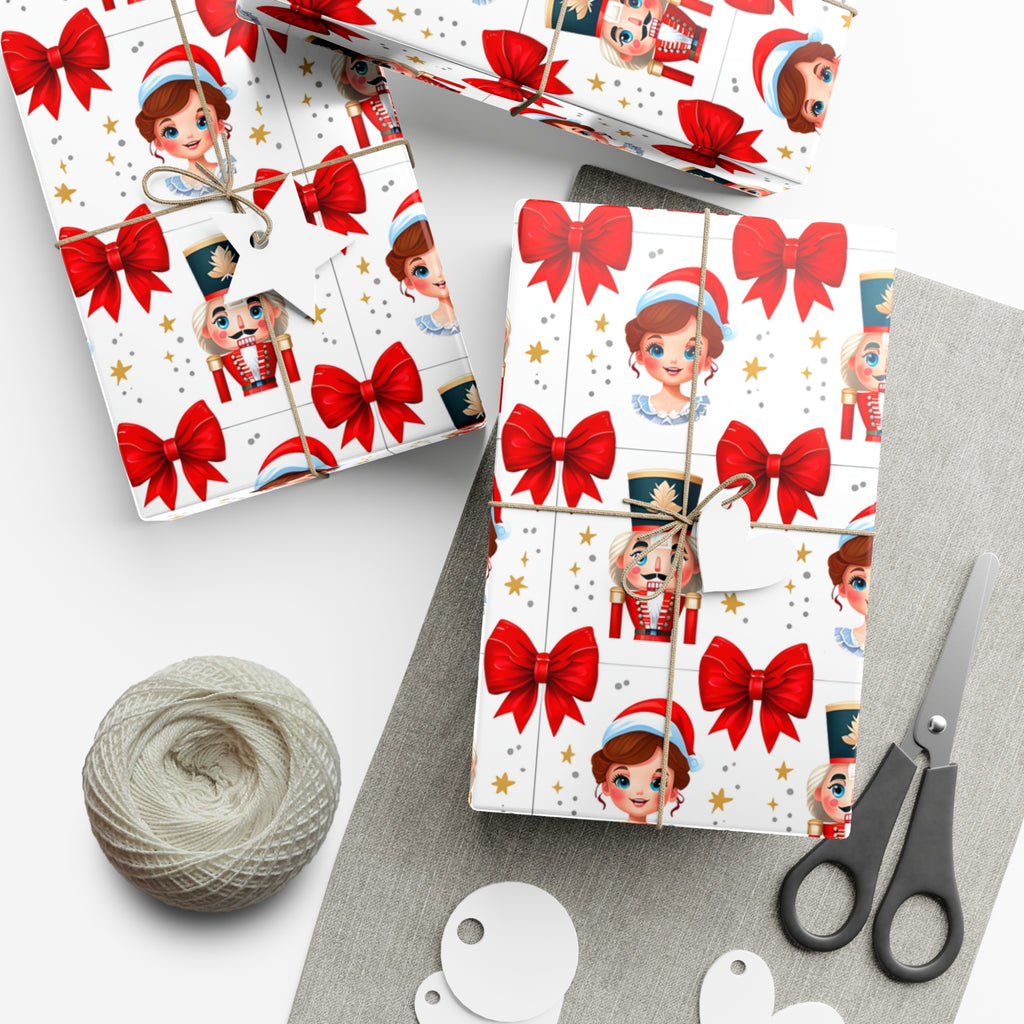 Wrapping Paper, Festive Cartoon Nutcracker And Clara Pattern With Bows - Gift Wrap Rolls, Eco-Friendly Gift Wrap, Holiday Season Wrapping