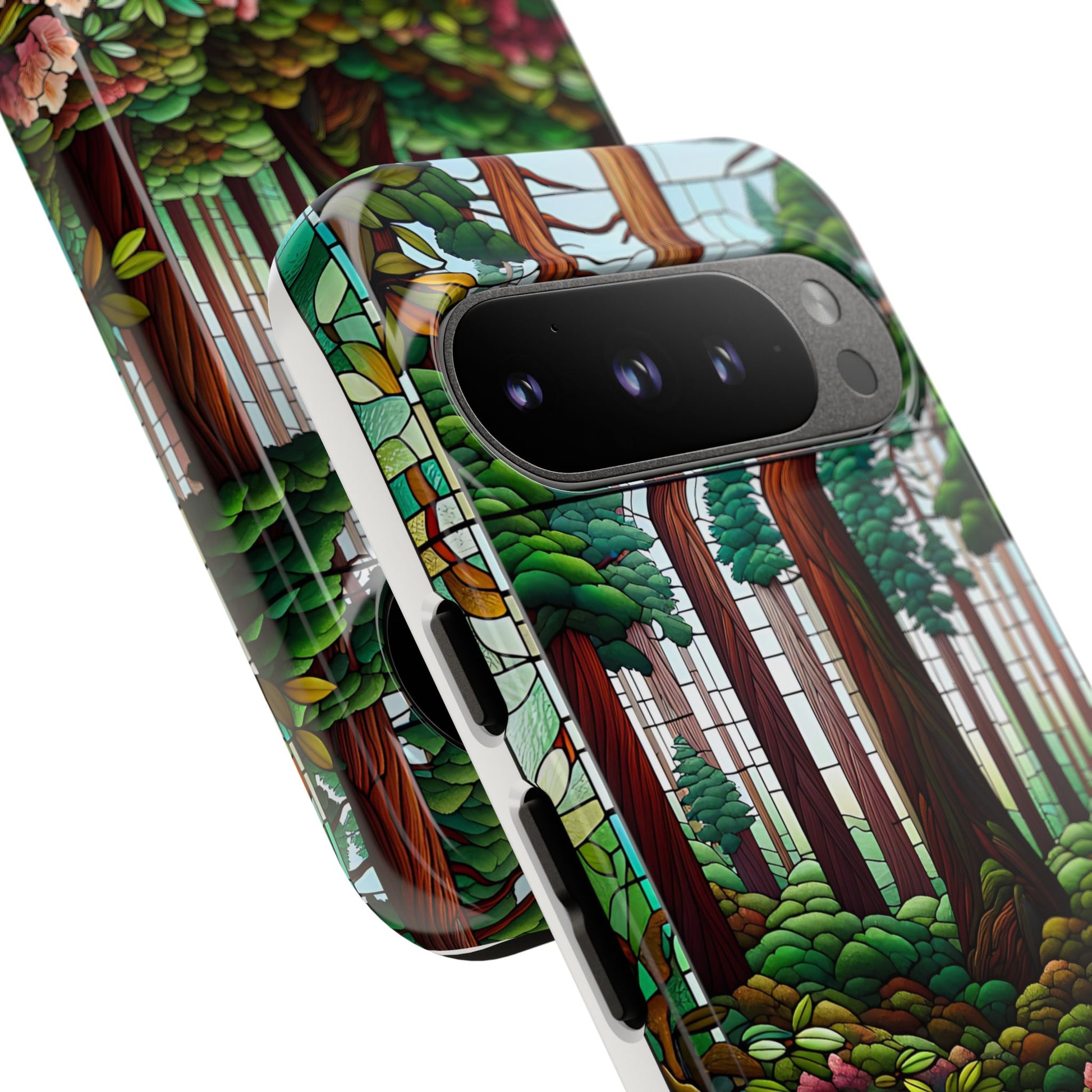 Nature Inspired Tough Cases - Redwood Trees & Rhododendrons Stained Glass iPhone Cover, Protective Phone Shell, Unique Samsung Galaxy Case,