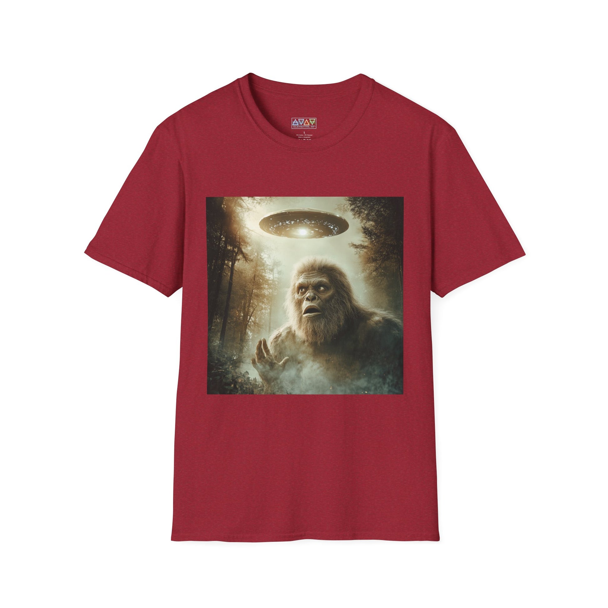 Bigfoot UFO Unisex Softstyle T-Shirt, Funny Graphic Tee, Sasquatch Clothing, Alien Lover Gift, Outdoor Adventure Tee, Casual Wear