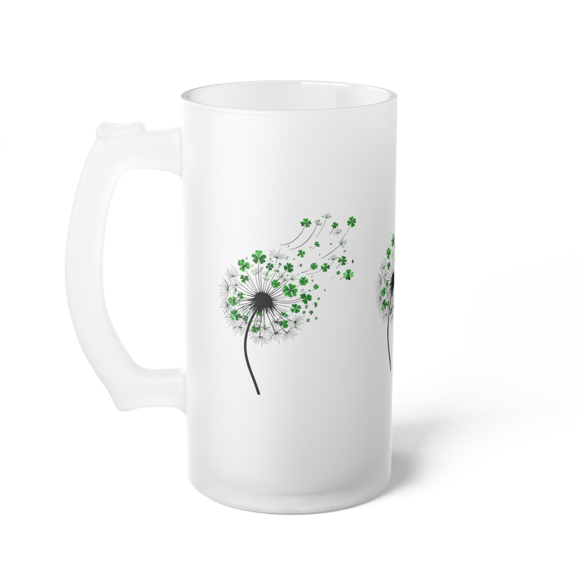 Beer Mug, Minimalist Watercolor Dandelion With Shamrock Elements, Frosted Glass Stein, Gift for Nature Lovers, St. Patrick's Day Decor,