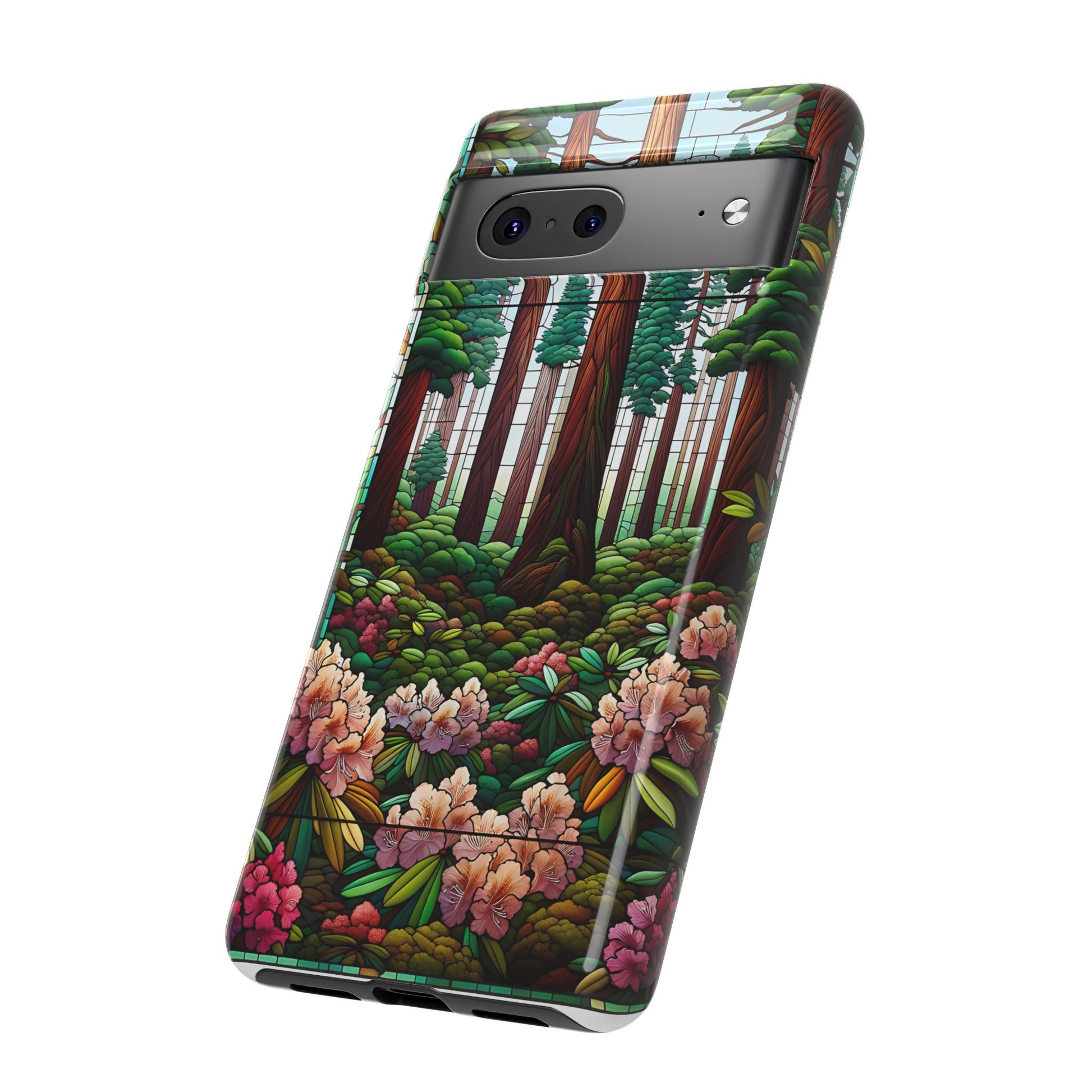 Nature Inspired Tough Cases - Redwood Trees & Rhododendrons Stained Glass iPhone Cover, Protective Phone Shell, Unique Samsung Galaxy Case,