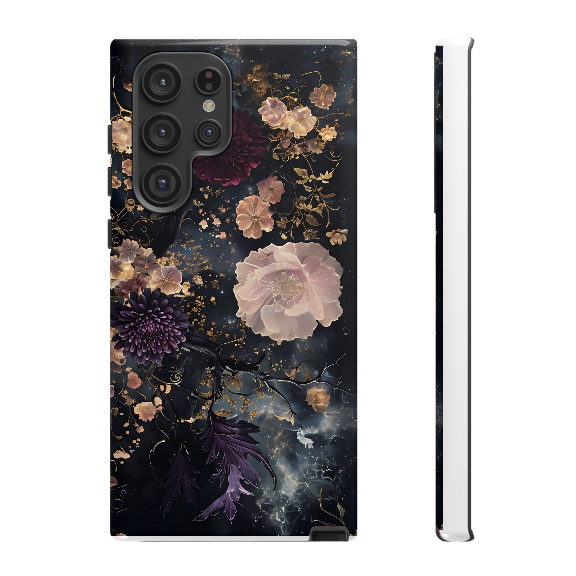 Phone Case, Whimsical Floral Pattern Against Cosmic Nebulous Background. Galaxy, Space, Tough Protective Cover, Unique Gift, Trendy