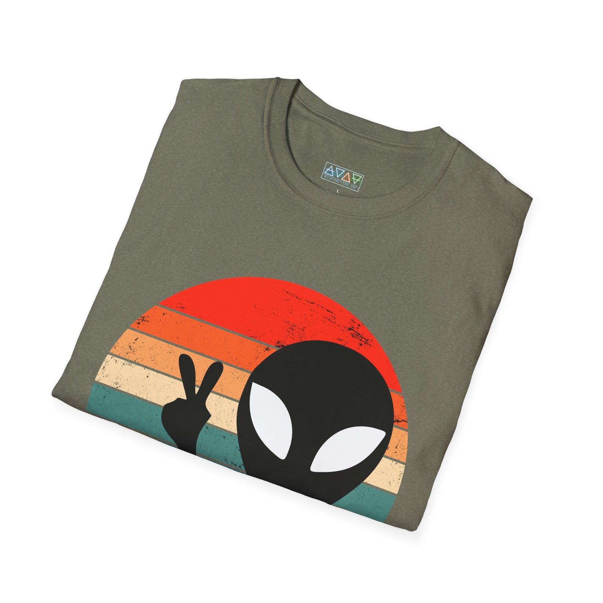 Retro Alien Vibes Unisex Softstyle T-Shirt, Cute Graphic Tee for Casual Wear, Fun Gift for Sci-Fi Lovers, Summer Party Shirt, Peace Sign Tee