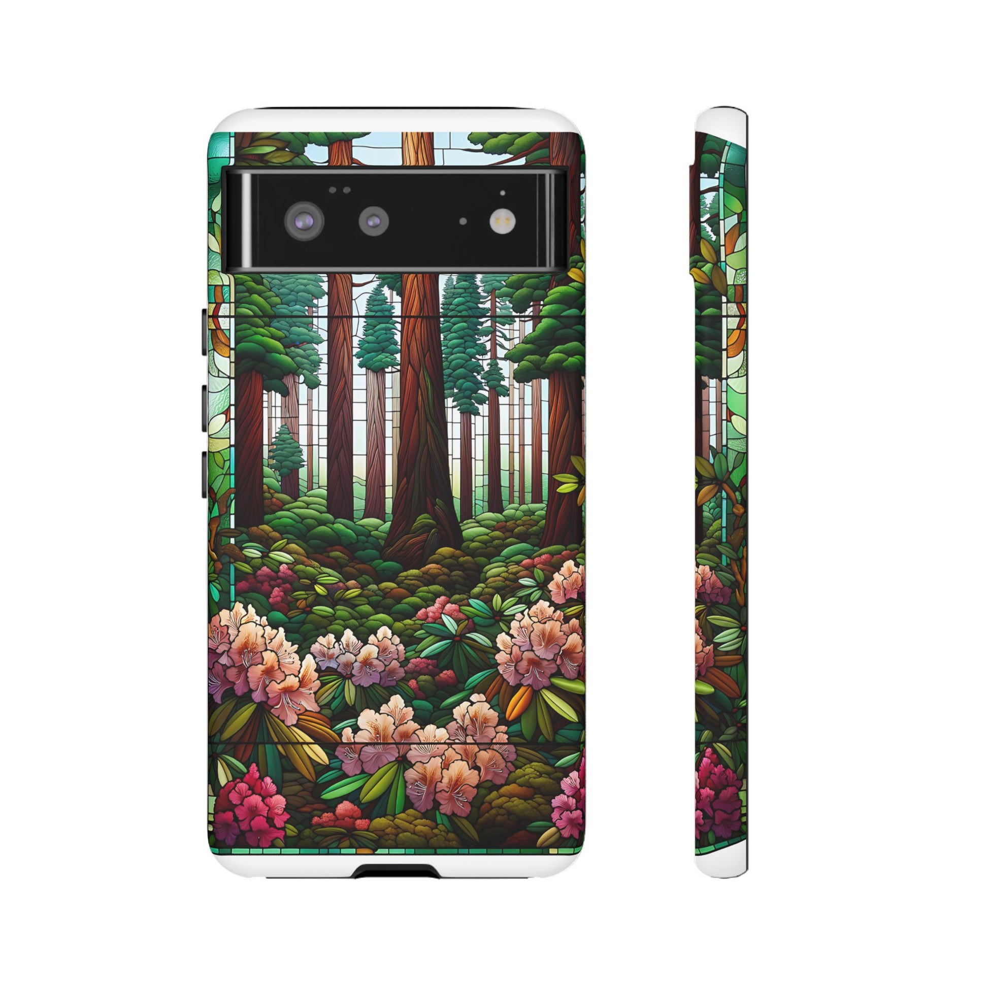 Nature Inspired Tough Cases - Redwood Trees & Rhododendrons Stained Glass iPhone Cover, Protective Phone Shell, Unique Samsung Galaxy Case,