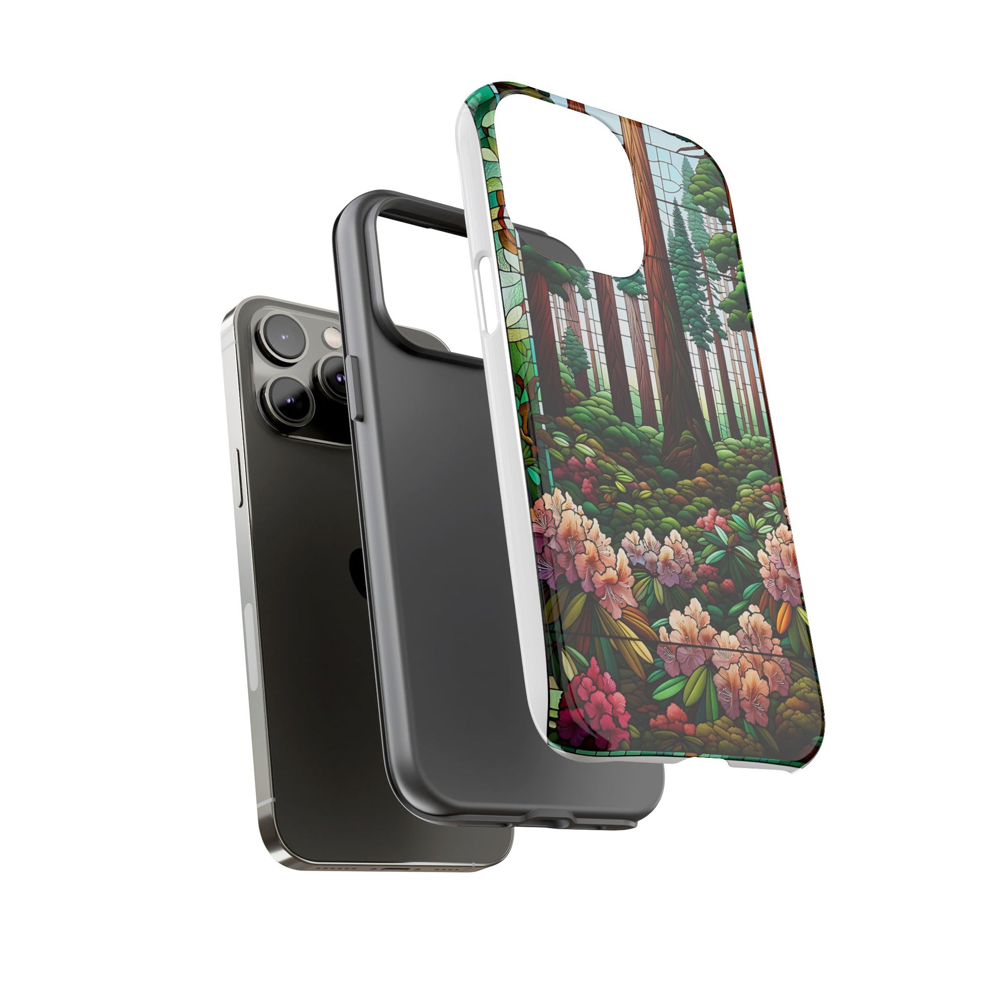 Nature Inspired Tough Cases - Redwood Trees & Rhododendrons Stained Glass iPhone Cover, Protective Phone Shell, Unique Samsung Galaxy Case,