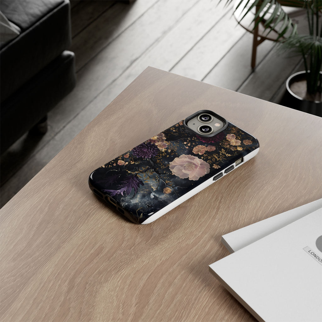 Phone Case, Whimsical Floral Pattern Against Cosmic Nebulous Background. Galaxy, Space, Tough Protective Cover, Unique Gift, Trendy