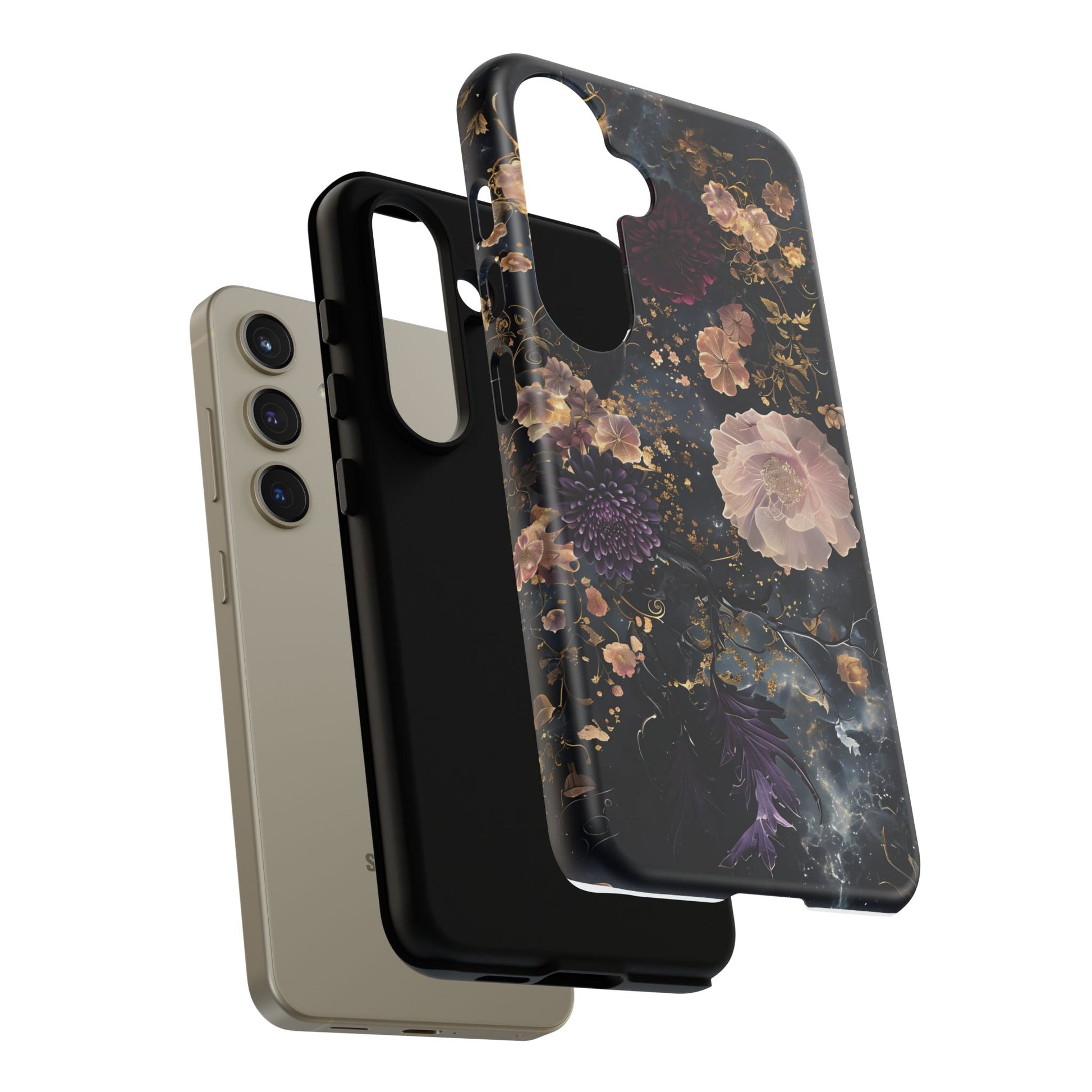 Phone Case, Whimsical Floral Pattern Against Cosmic Nebulous Background. Galaxy, Space, Tough Protective Cover, Unique Gift, Trendy