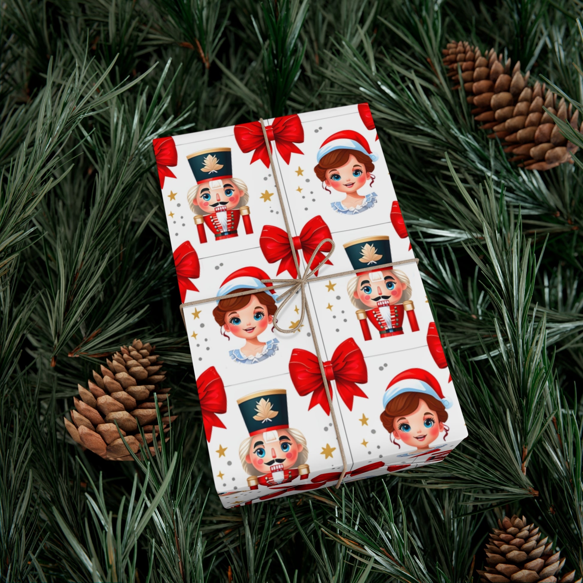 Wrapping Paper, Festive Cartoon Nutcracker And Clara Pattern With Bows - Gift Wrap Rolls, Eco-Friendly Gift Wrap, Holiday Season Wrapping