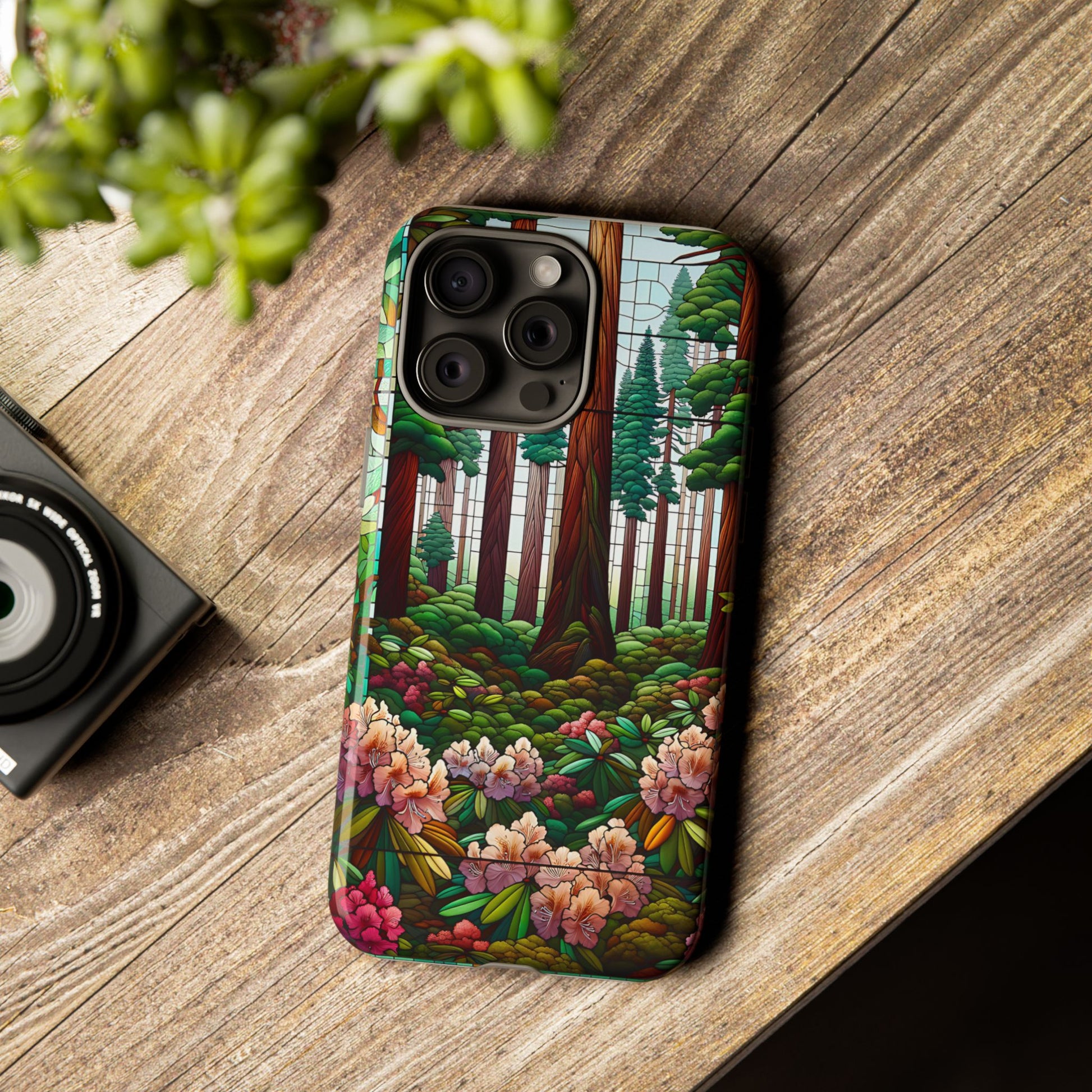Nature Inspired Tough Cases - Redwood Trees & Rhododendrons Stained Glass iPhone Cover, Protective Phone Shell, Unique Samsung Galaxy Case,