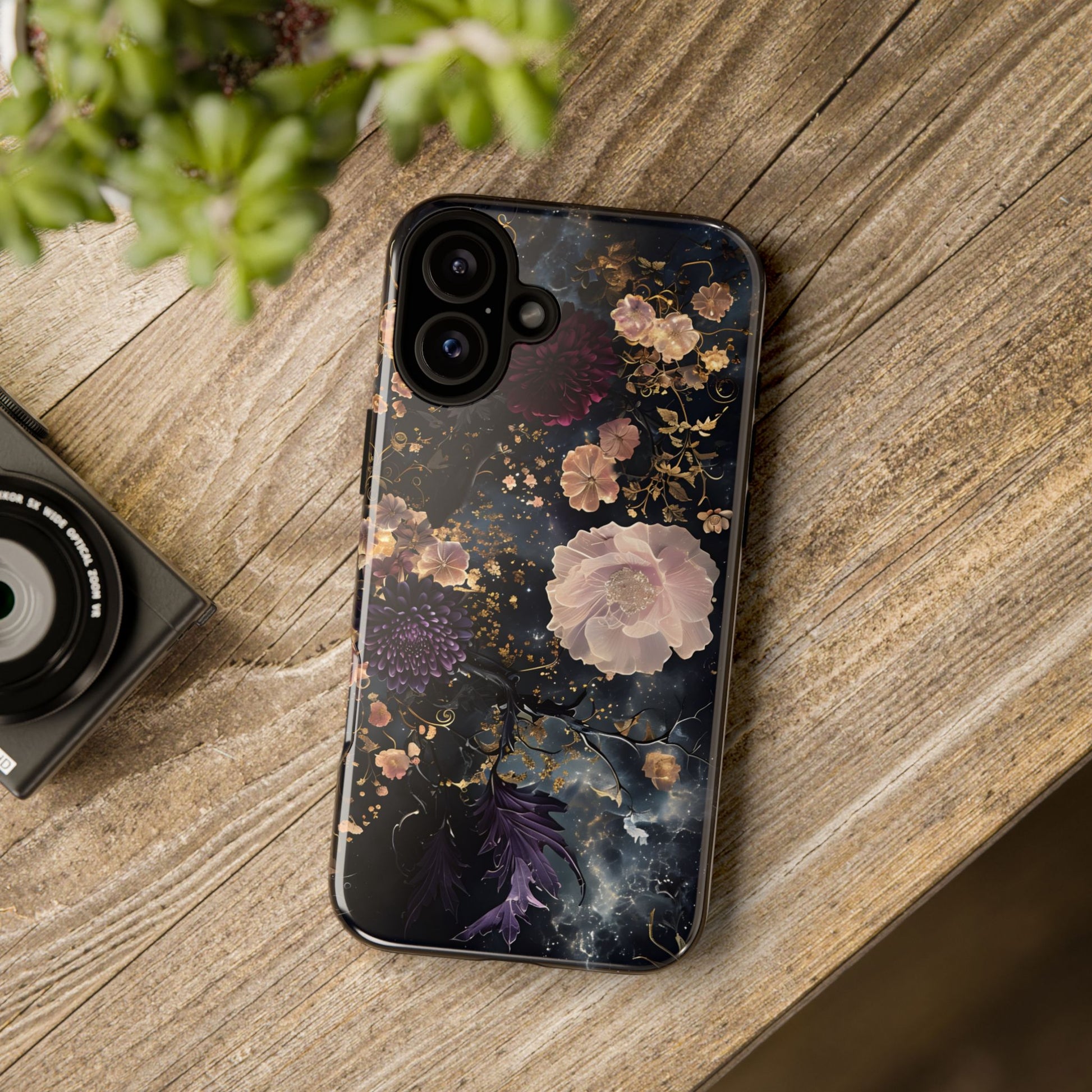 Phone Case, Whimsical Floral Pattern Against Cosmic Nebulous Background. Galaxy, Space, Tough Protective Cover, Unique Gift, Trendy