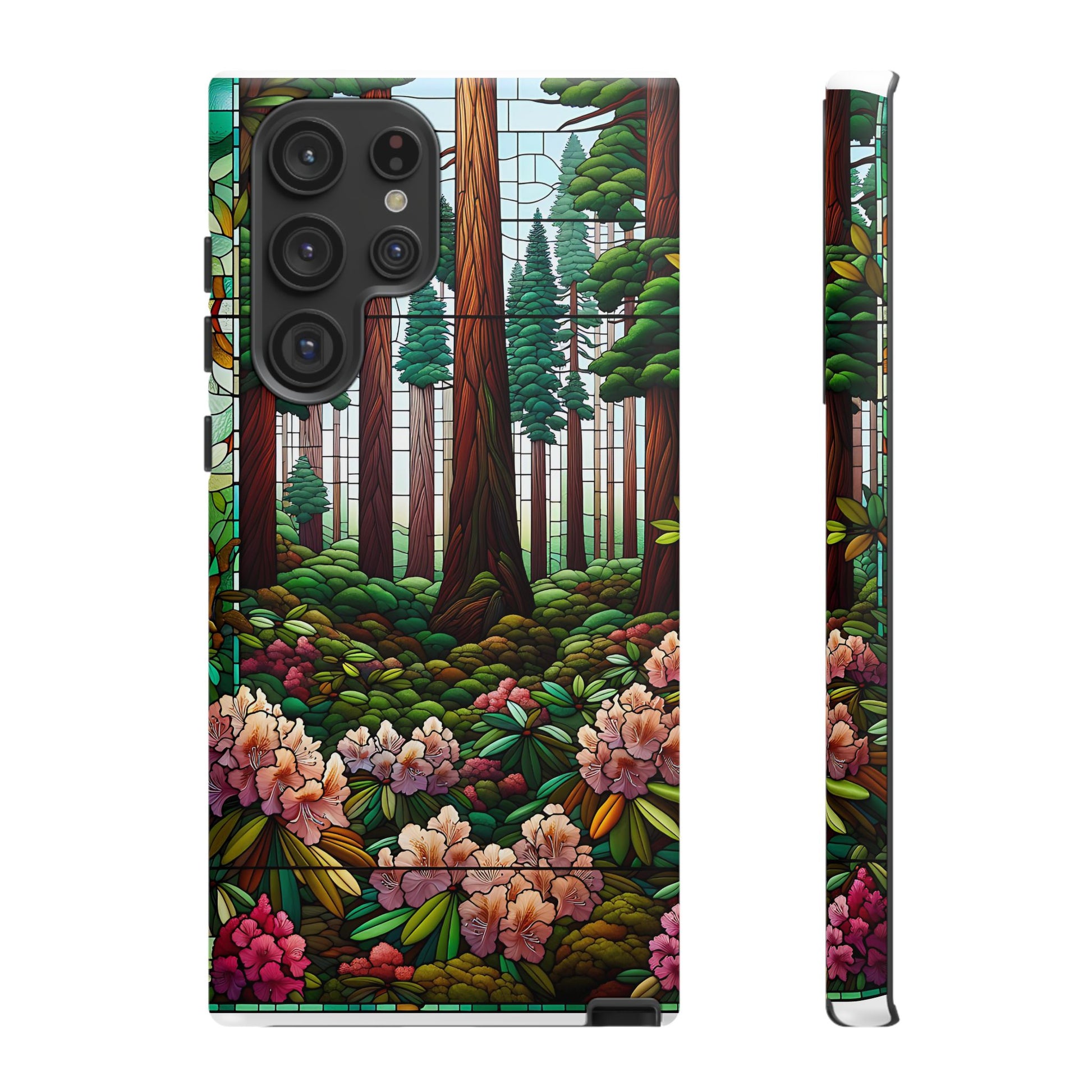 Nature Inspired Tough Cases - Redwood Trees & Rhododendrons Stained Glass iPhone Cover, Protective Phone Shell, Unique Samsung Galaxy Case,