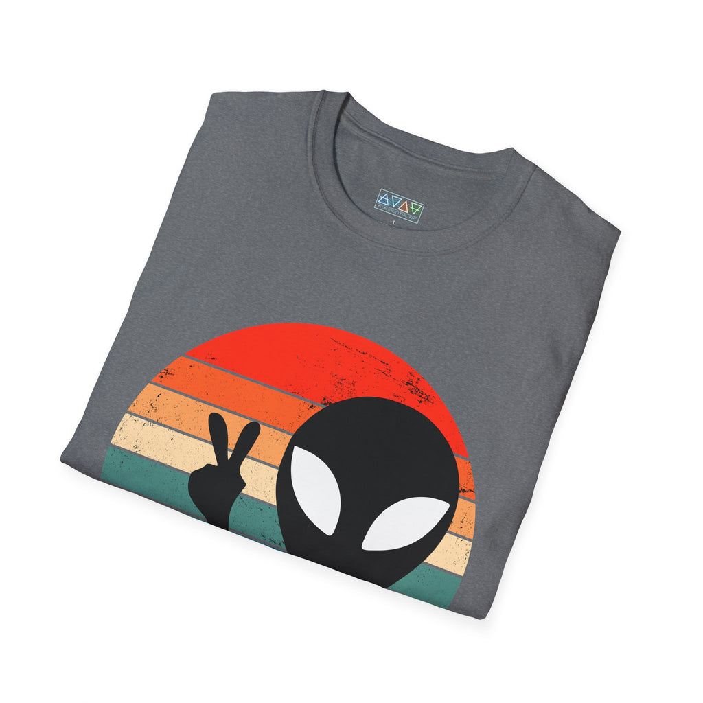 Retro Alien Vibes Unisex Softstyle T-Shirt, Cute Graphic Tee for Casual Wear, Fun Gift for Sci-Fi Lovers, Summer Party Shirt, Peace Sign Tee
