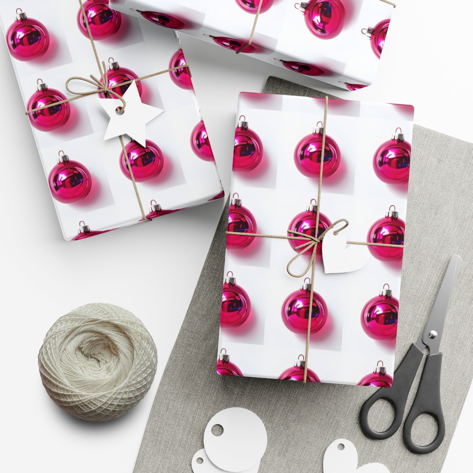 Wrapping Paper, Hot Pink Christmas Ornaments On White Background - Gift Wrap Rolls, Eco-Friendly Gift Wrap, Holiday