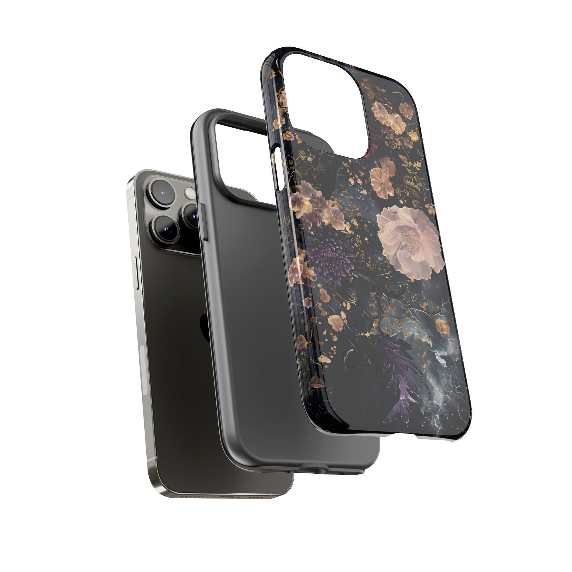 Phone Case, Whimsical Floral Pattern Against Cosmic Nebulous Background. Galaxy, Space, Tough Protective Cover, Unique Gift, Trendy