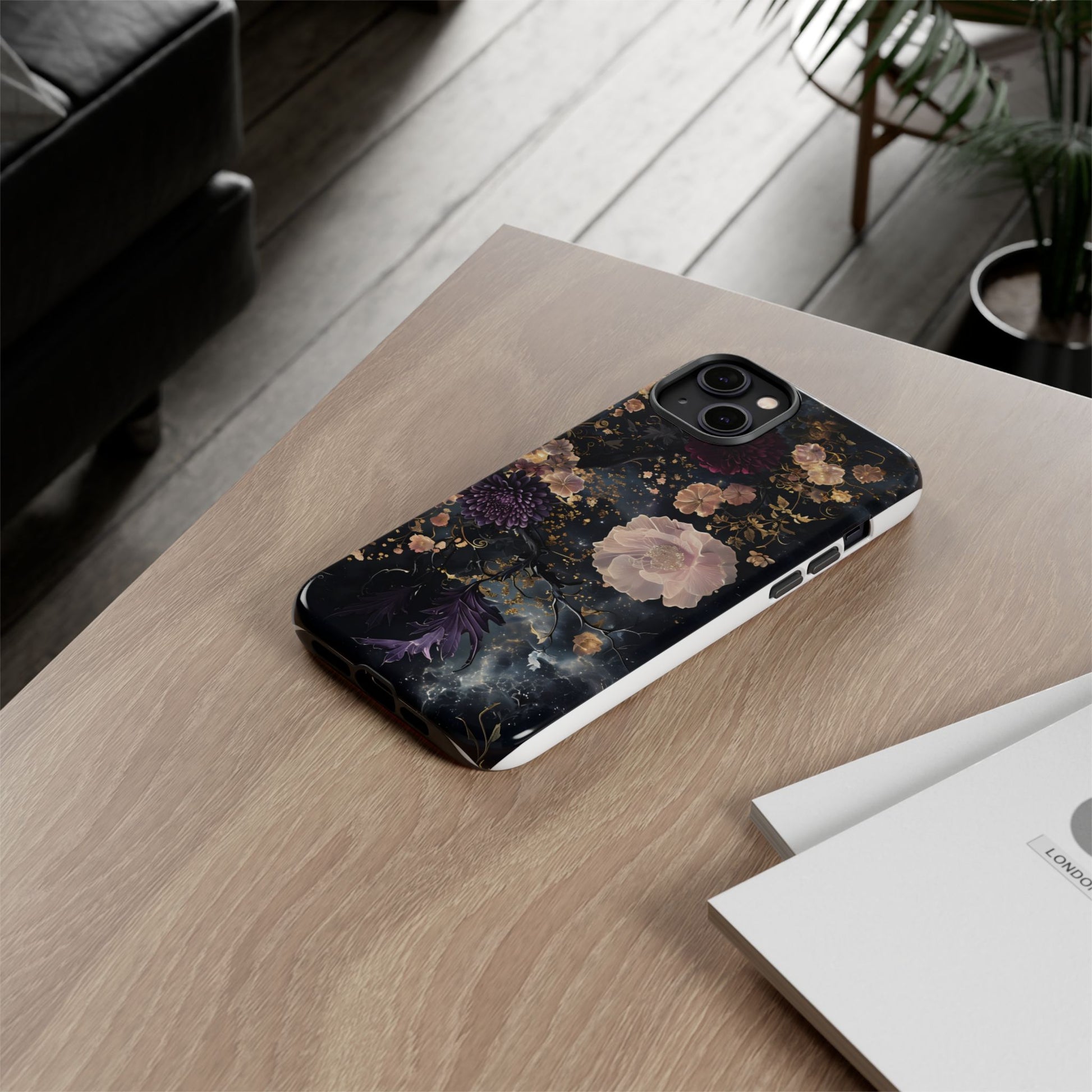 Phone Case, Whimsical Floral Pattern Against Cosmic Nebulous Background. Galaxy, Space, Tough Protective Cover, Unique Gift, Trendy