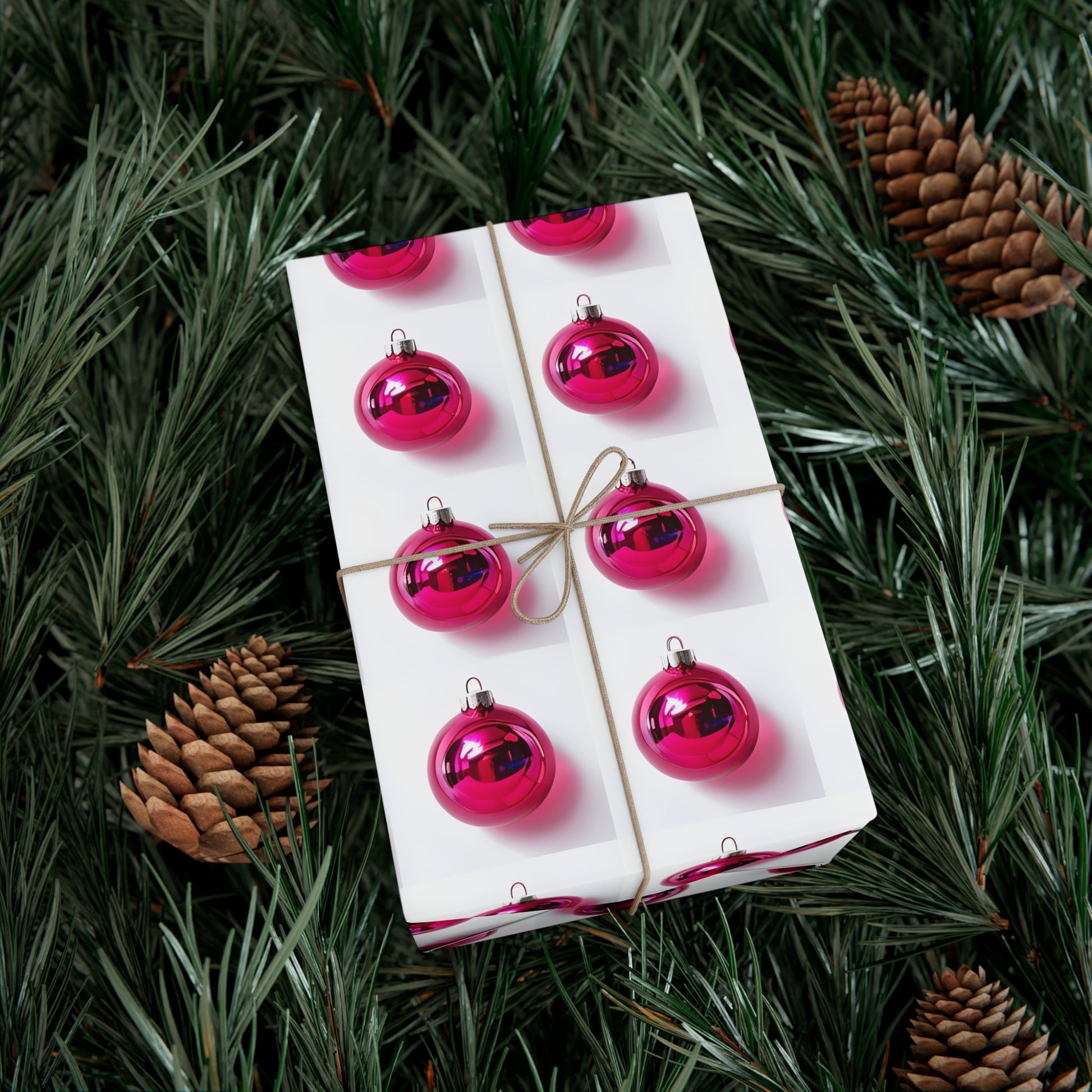 Wrapping Paper, Hot Pink Christmas Ornaments On White Background - Gift Wrap Rolls, Eco-Friendly Gift Wrap, Holiday