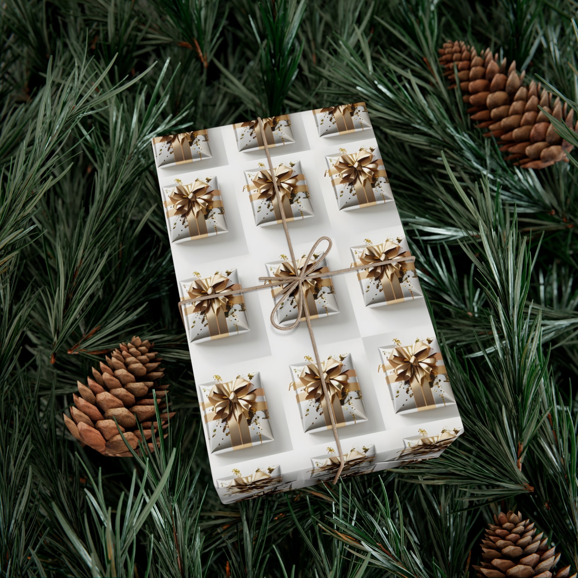 Wrapping Paper, Elegantly Wrapped Gifts On White Background with Gold Bows, Christmas Wrapping, Gift Packaging, Festive Decor, Holiday Gift