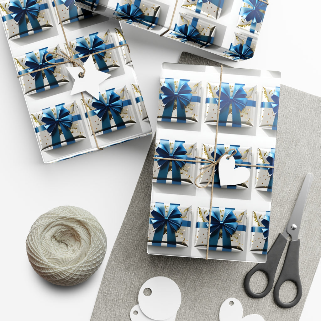 Wrapping Paper, Elegantly Wrapped Gifts On White Background with Blue Bows, Christmas Wrapping, Gift Packaging, Festive Decor, Holiday Gift