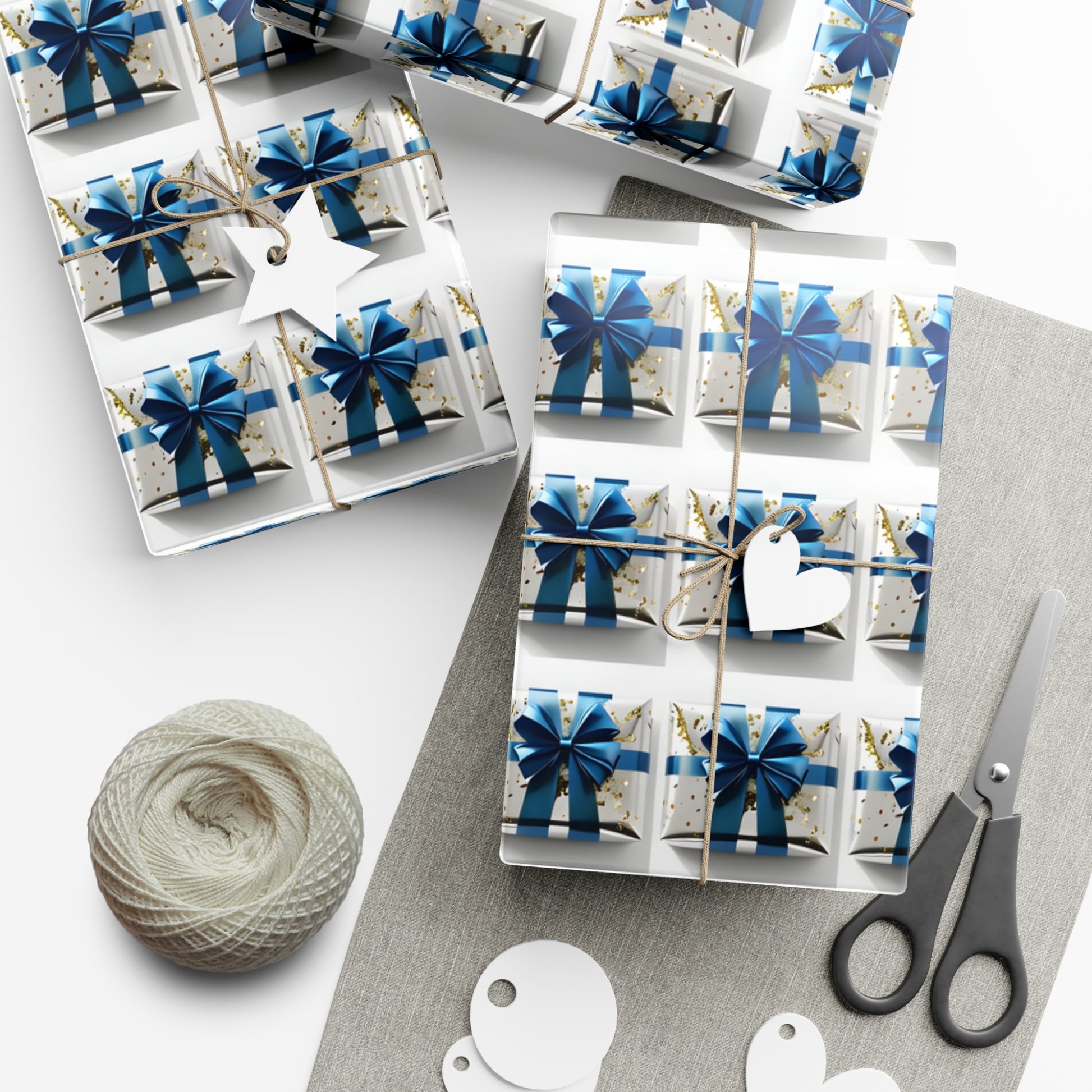 Wrapping Paper, Elegantly Wrapped Gifts On White Background with Blue Bows, Christmas Wrapping, Gift Packaging, Festive Decor, Holiday Gift