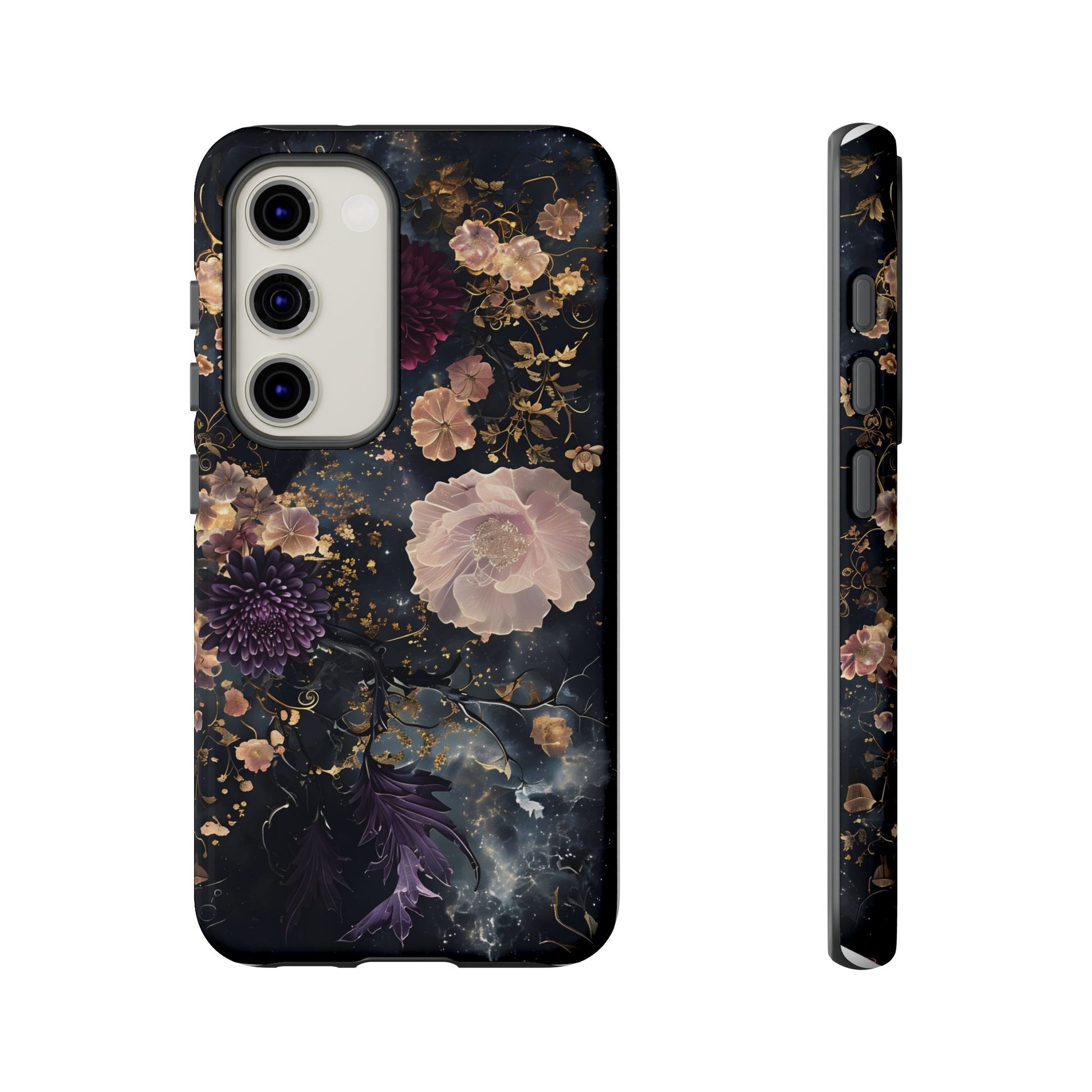 Phone Case, Whimsical Floral Pattern Against Cosmic Nebulous Background. Galaxy, Space, Tough Protective Cover, Unique Gift, Trendy