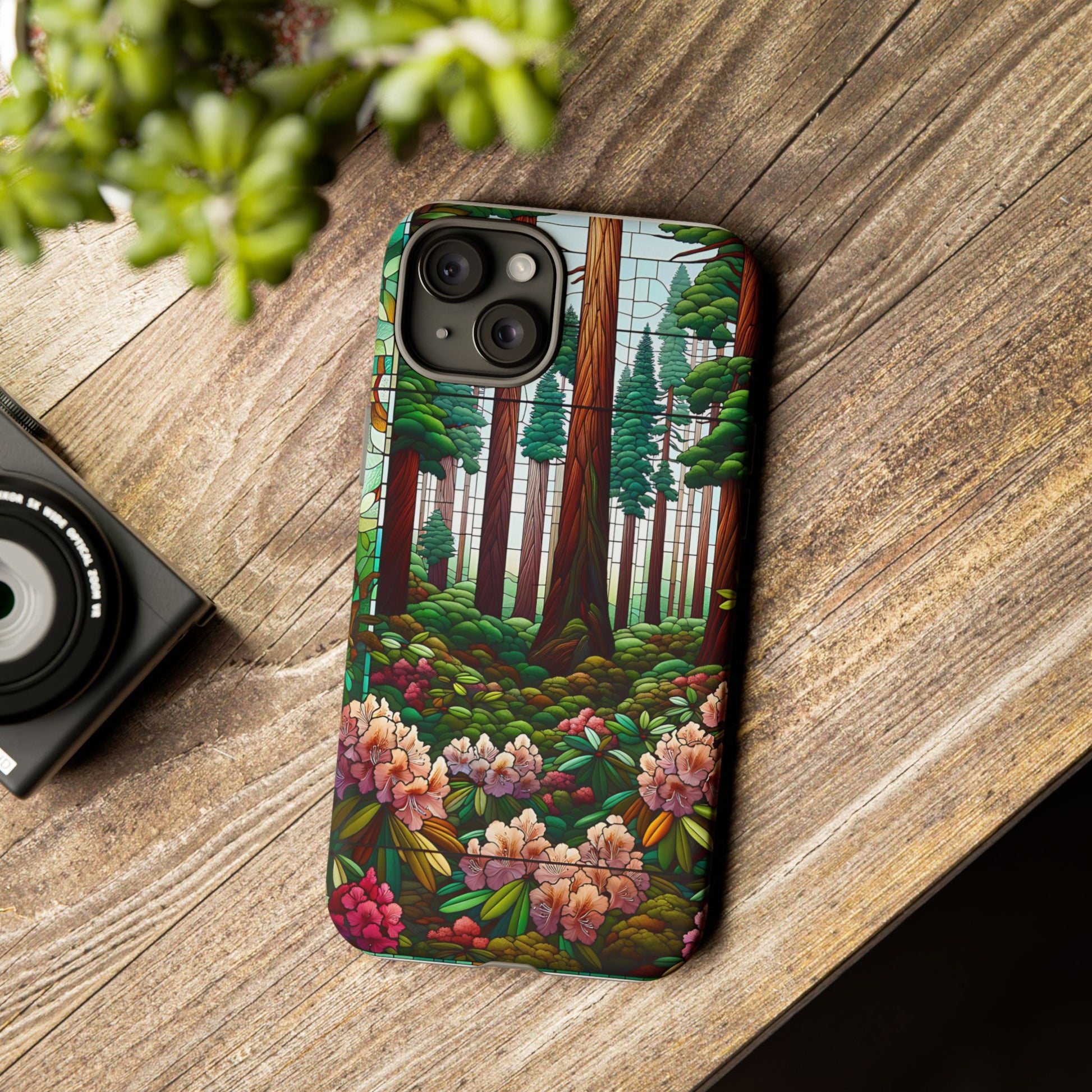 Nature Inspired Tough Cases - Redwood Trees & Rhododendrons Stained Glass iPhone Cover, Protective Phone Shell, Unique Samsung Galaxy Case,