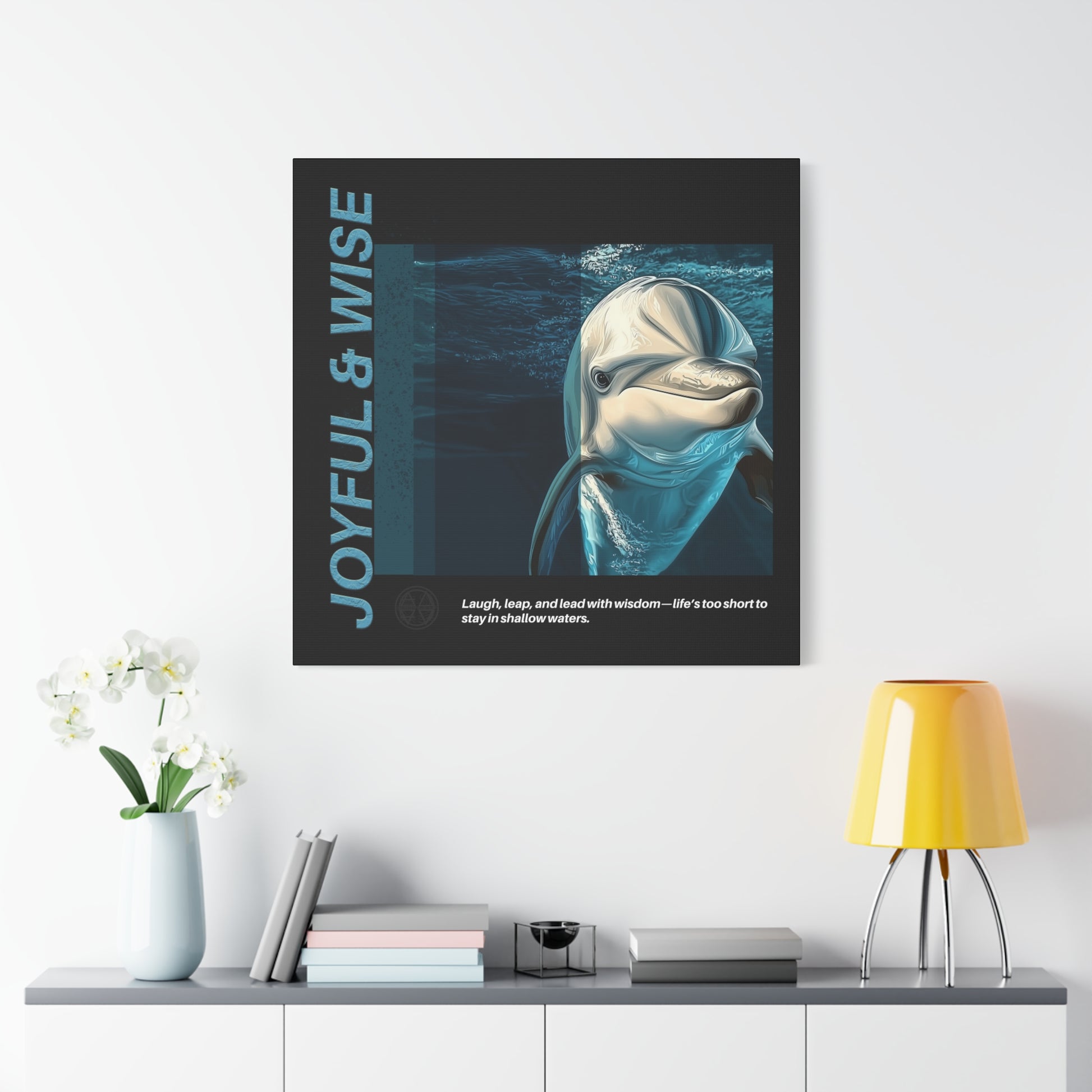Inspirational Dolphin Canvas Art, Joyful & Wise Wall Decor, Motivational Home Decor, Ocean-Themed Gift, Abstract Animal Artwork, Nautical