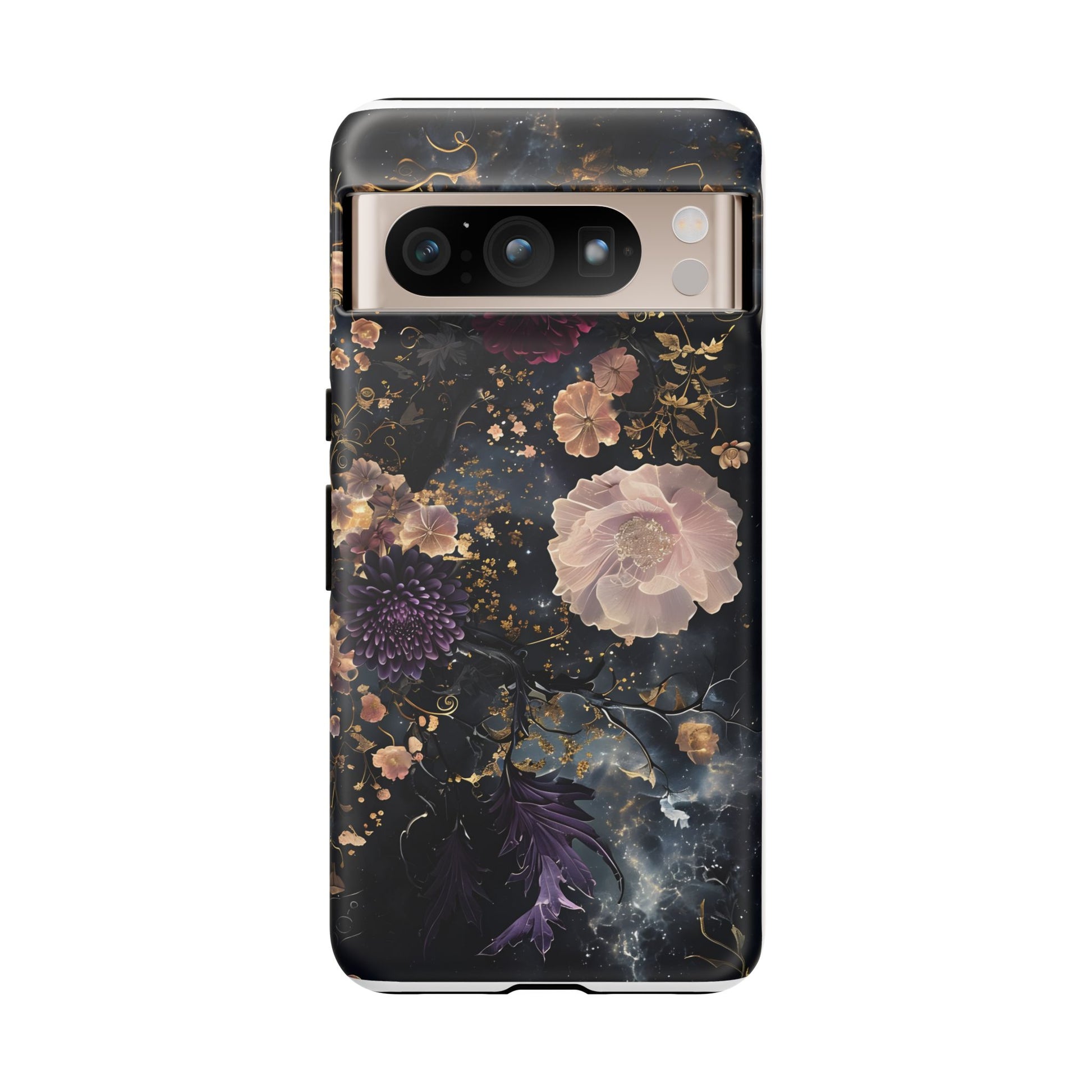 Phone Case, Whimsical Floral Pattern Against Cosmic Nebulous Background. Galaxy, Space, Tough Protective Cover, Unique Gift, Trendy
