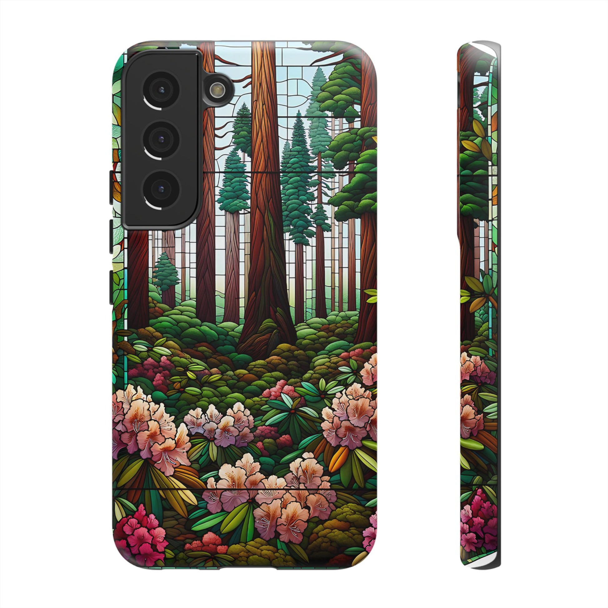 Nature Inspired Tough Cases - Redwood Trees & Rhododendrons Stained Glass iPhone Cover, Protective Phone Shell, Unique Samsung Galaxy Case,