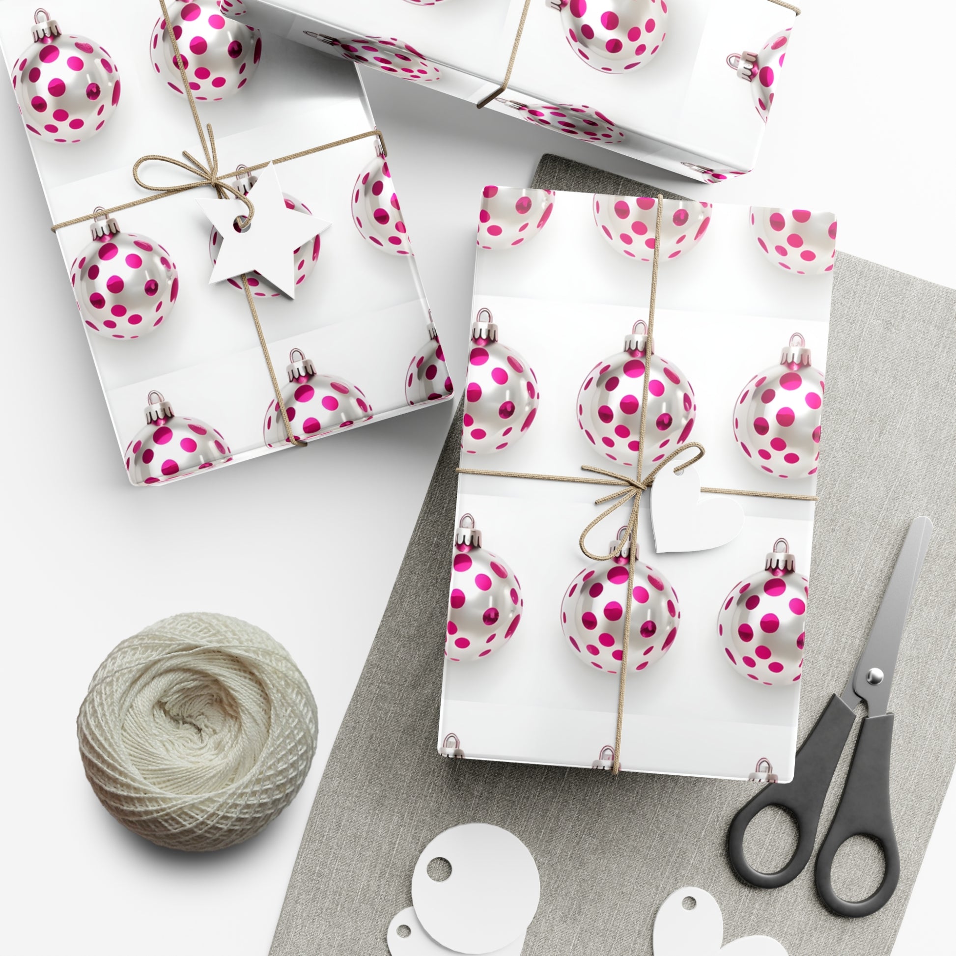 Wrapping Paper, Hot Pink Polka Dot Christmas Ornaments On White Background - Gift Wrap Rolls, Eco-Friendly Gift Wrap, Holiday