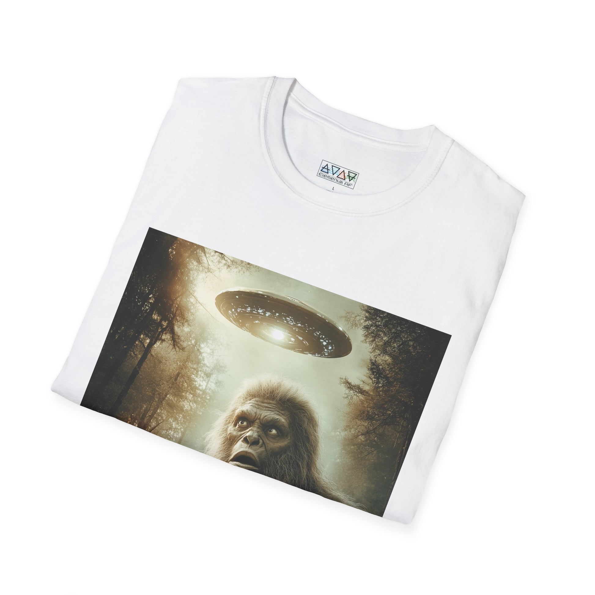 Bigfoot UFO Unisex Softstyle T-Shirt, Funny Graphic Tee, Sasquatch Clothing, Alien Lover Gift, Outdoor Adventure Tee, Casual Wear
