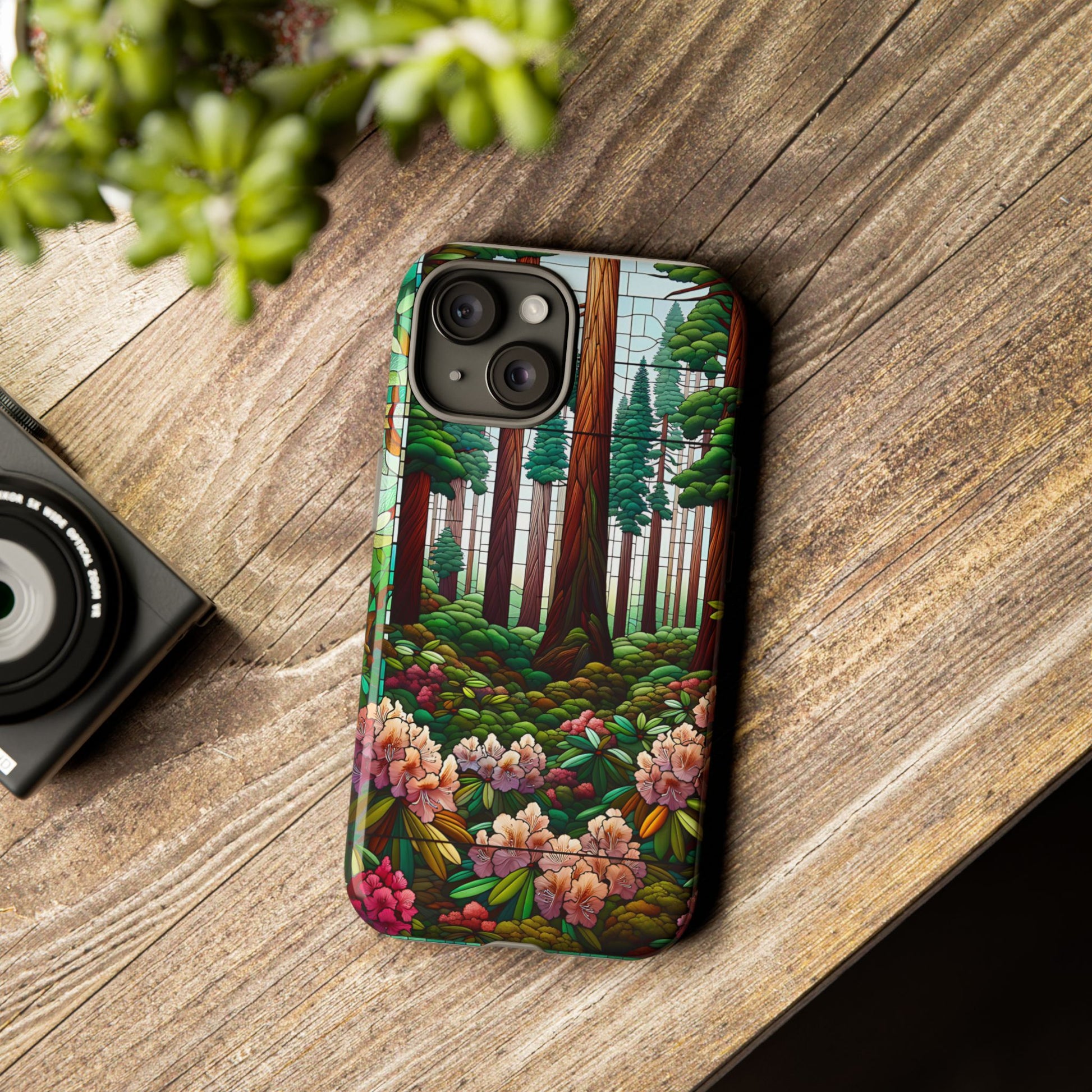 Nature Inspired Tough Cases - Redwood Trees & Rhododendrons Stained Glass iPhone Cover, Protective Phone Shell, Unique Samsung Galaxy Case,