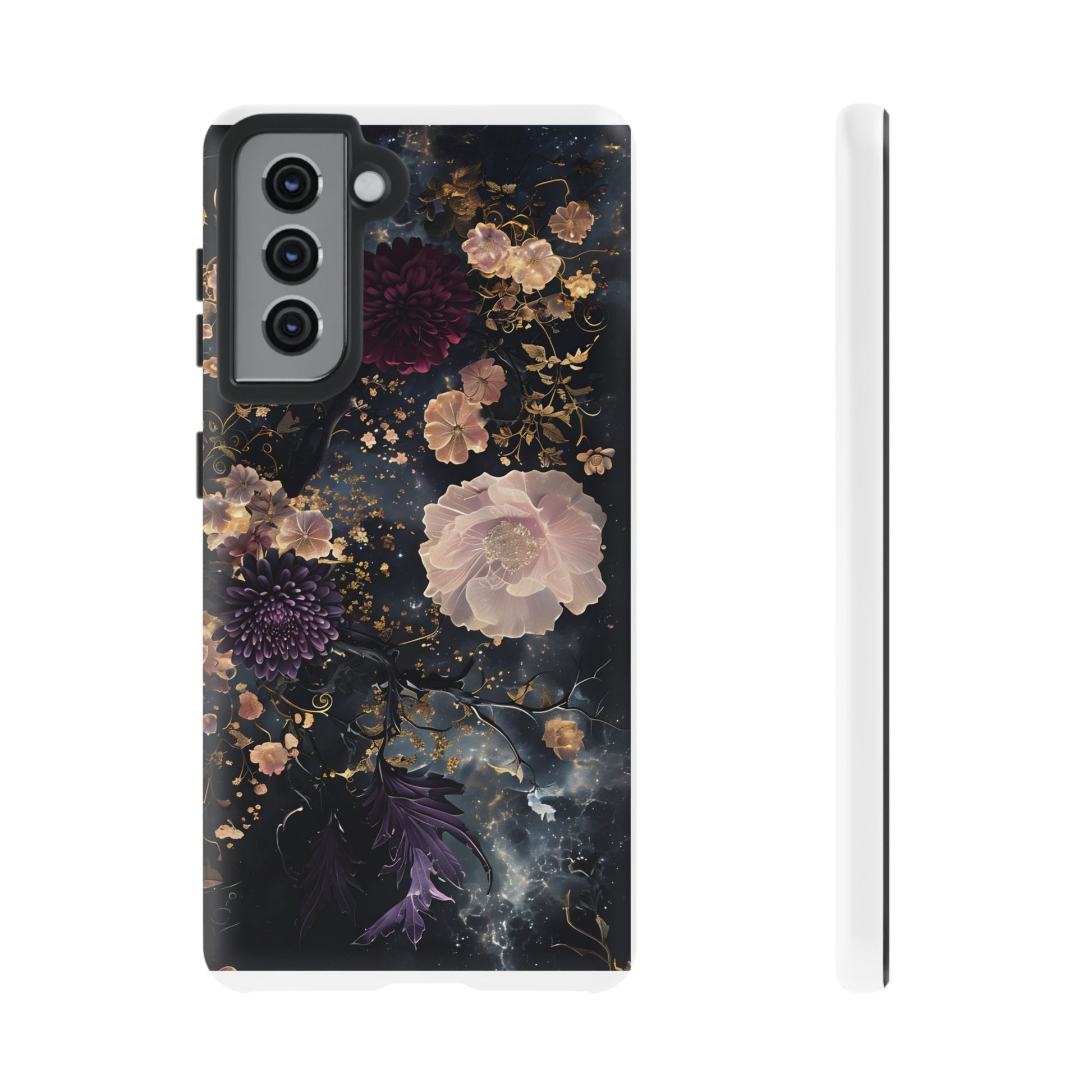 Phone Case, Whimsical Floral Pattern Against Cosmic Nebulous Background. Galaxy, Space, Tough Protective Cover, Unique Gift, Trendy