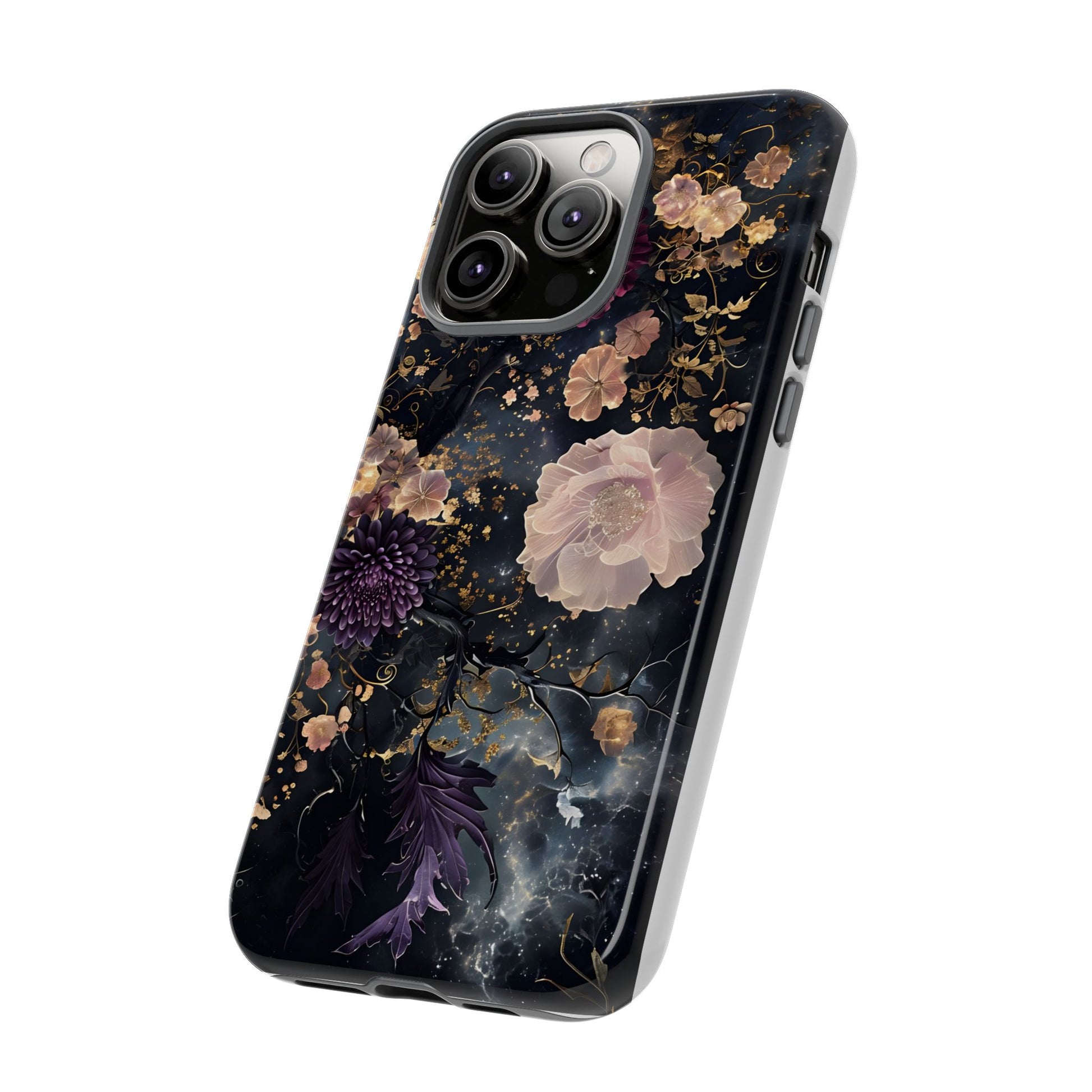 Phone Case, Whimsical Floral Pattern Against Cosmic Nebulous Background. Galaxy, Space, Tough Protective Cover, Unique Gift, Trendy
