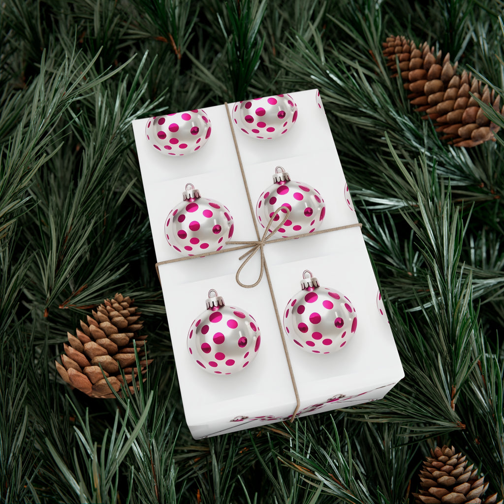 Wrapping Paper, Hot Pink Polka Dot Christmas Ornaments On White Background - Gift Wrap Rolls, Eco-Friendly Gift Wrap, Holiday