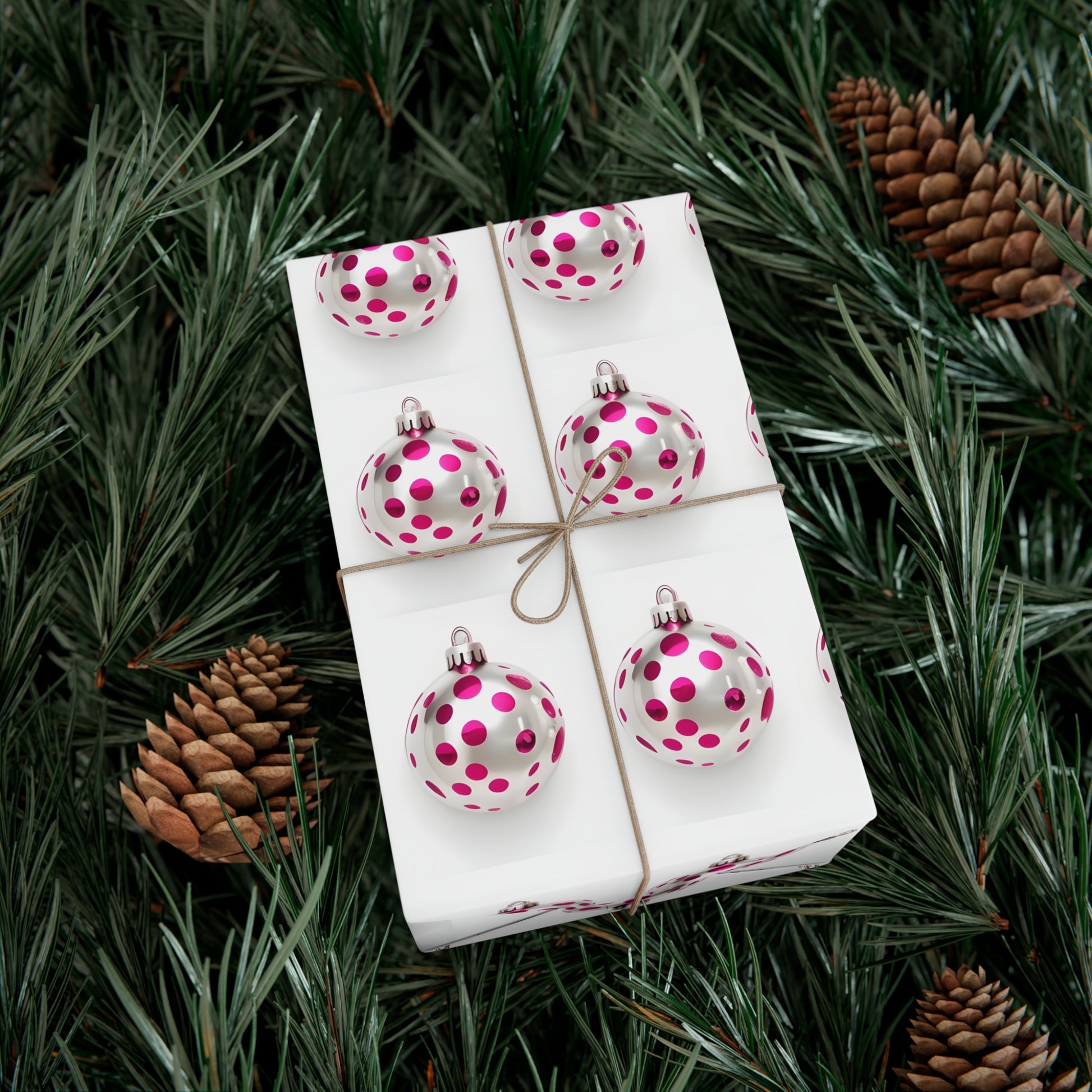 Wrapping Paper, Hot Pink Polka Dot Christmas Ornaments On White Background - Gift Wrap Rolls, Eco-Friendly Gift Wrap, Holiday