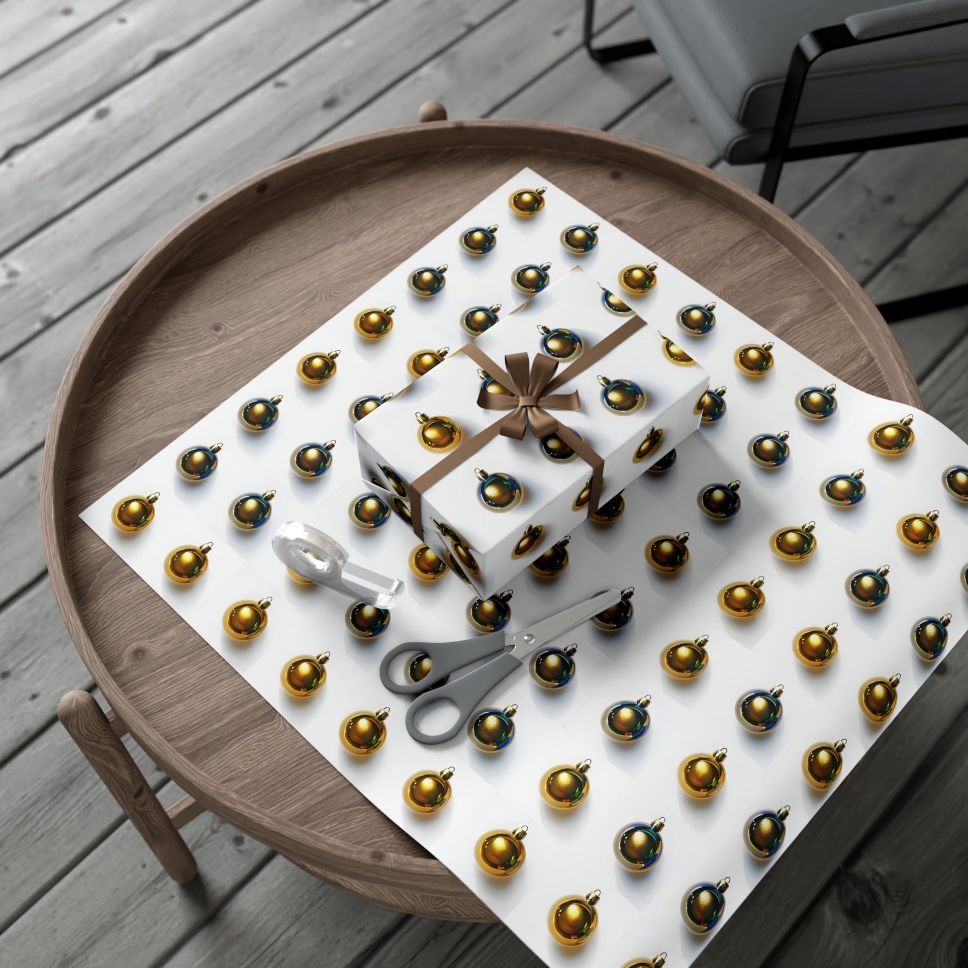 Wrapping Paper, Gold Christmas Ornaments On White Background - Gift Wrap Rolls, Eco-Friendly Gift Wrap, Holiday