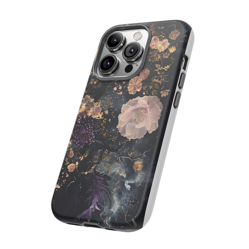 Phone Case, Whimsical Floral Pattern Against Cosmic Nebulous Background. Galaxy, Space, Tough Protective Cover, Unique Gift, Trendy