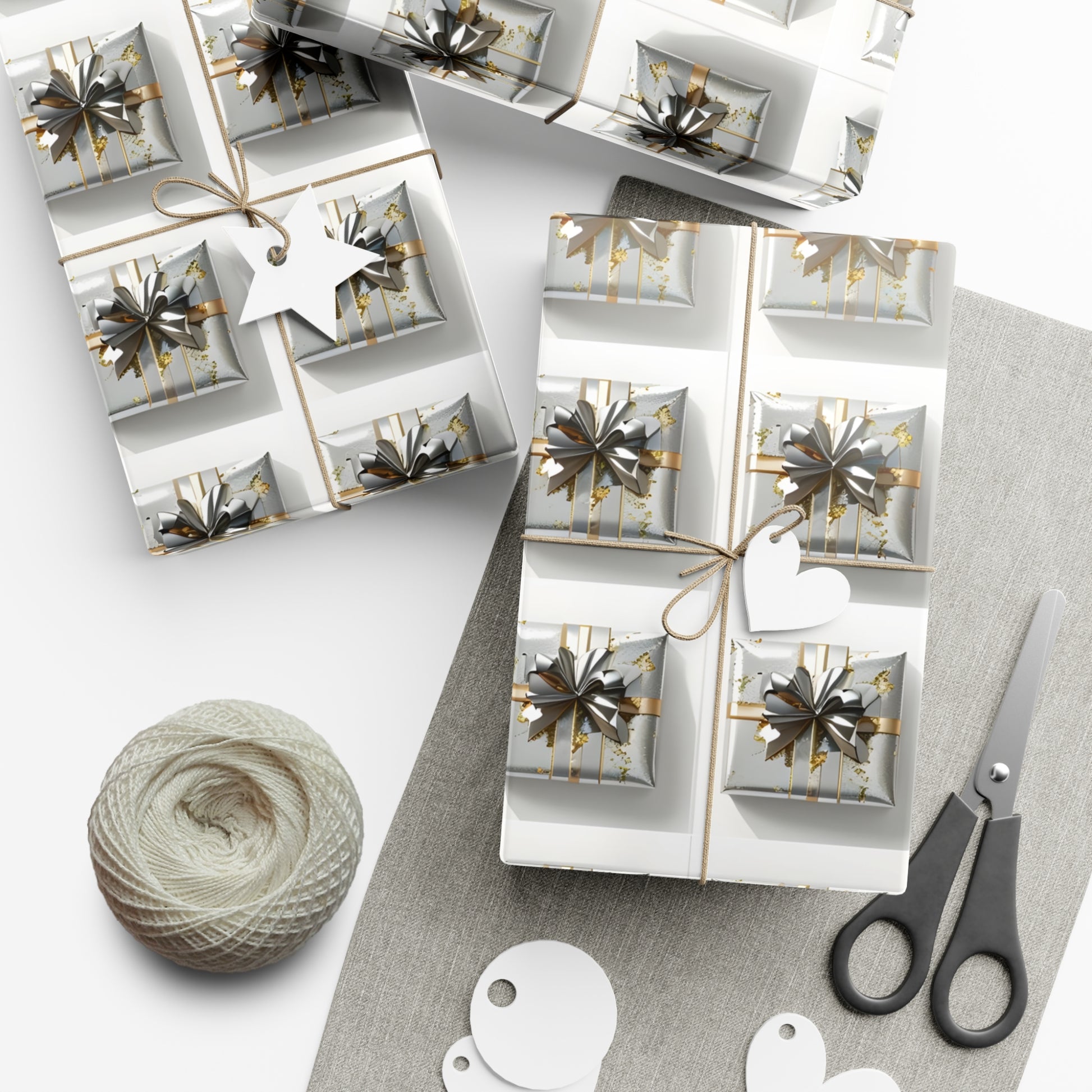Wrapping Paper, Elegantly Wrapped Gifts On White Background with Silver & Gold Bows - Gift Wrap Rolls, Eco-Friendly Gift Wrap, Holiday