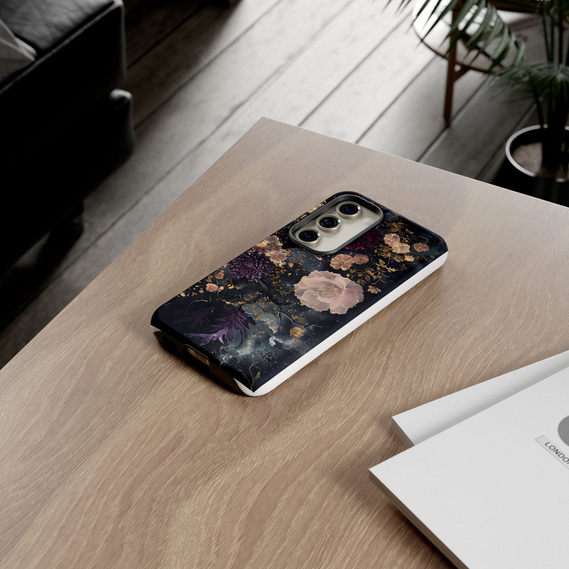 Phone Case, Whimsical Floral Pattern Against Cosmic Nebulous Background. Galaxy, Space, Tough Protective Cover, Unique Gift, Trendy