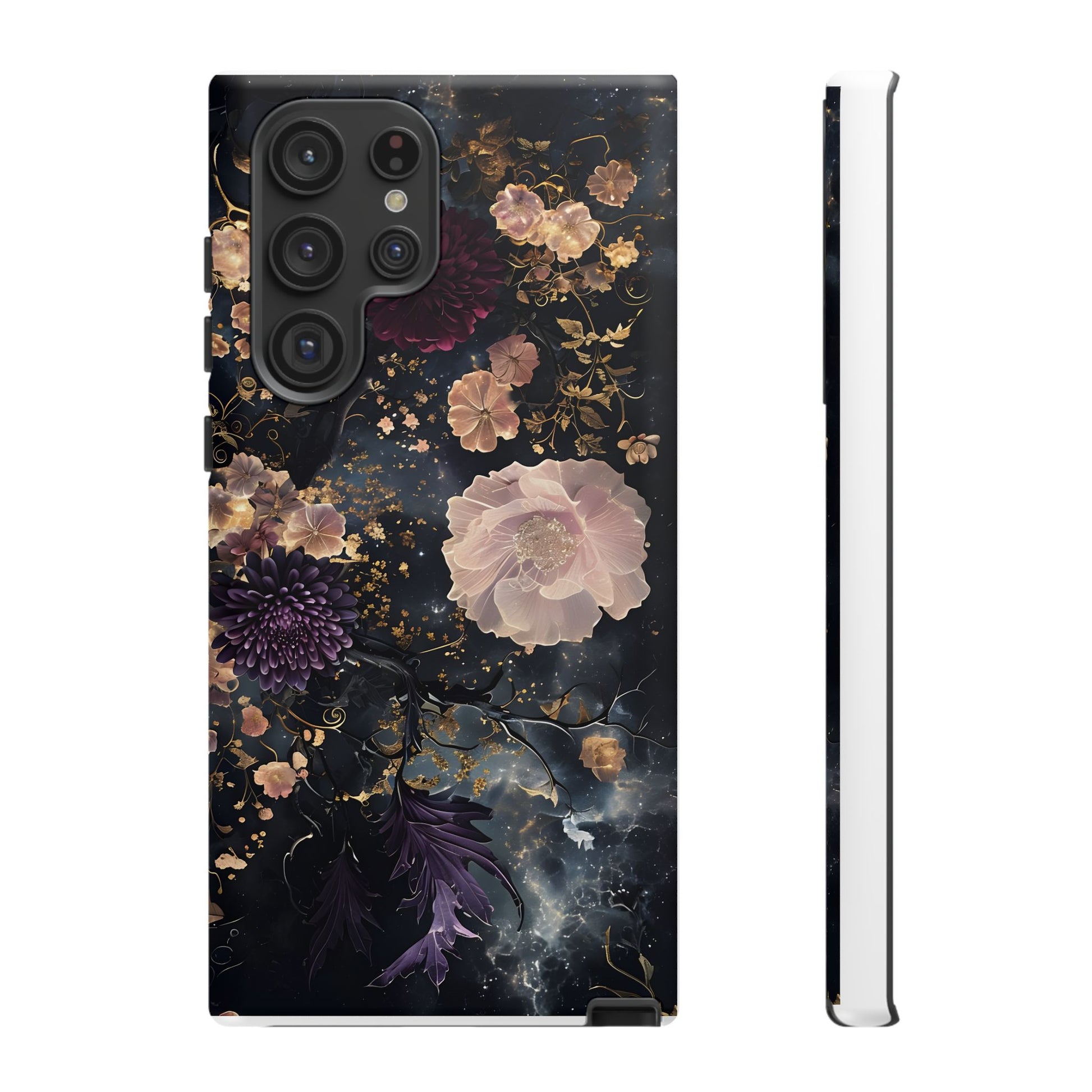 Phone Case, Whimsical Floral Pattern Against Cosmic Nebulous Background. Galaxy, Space, Tough Protective Cover, Unique Gift, Trendy