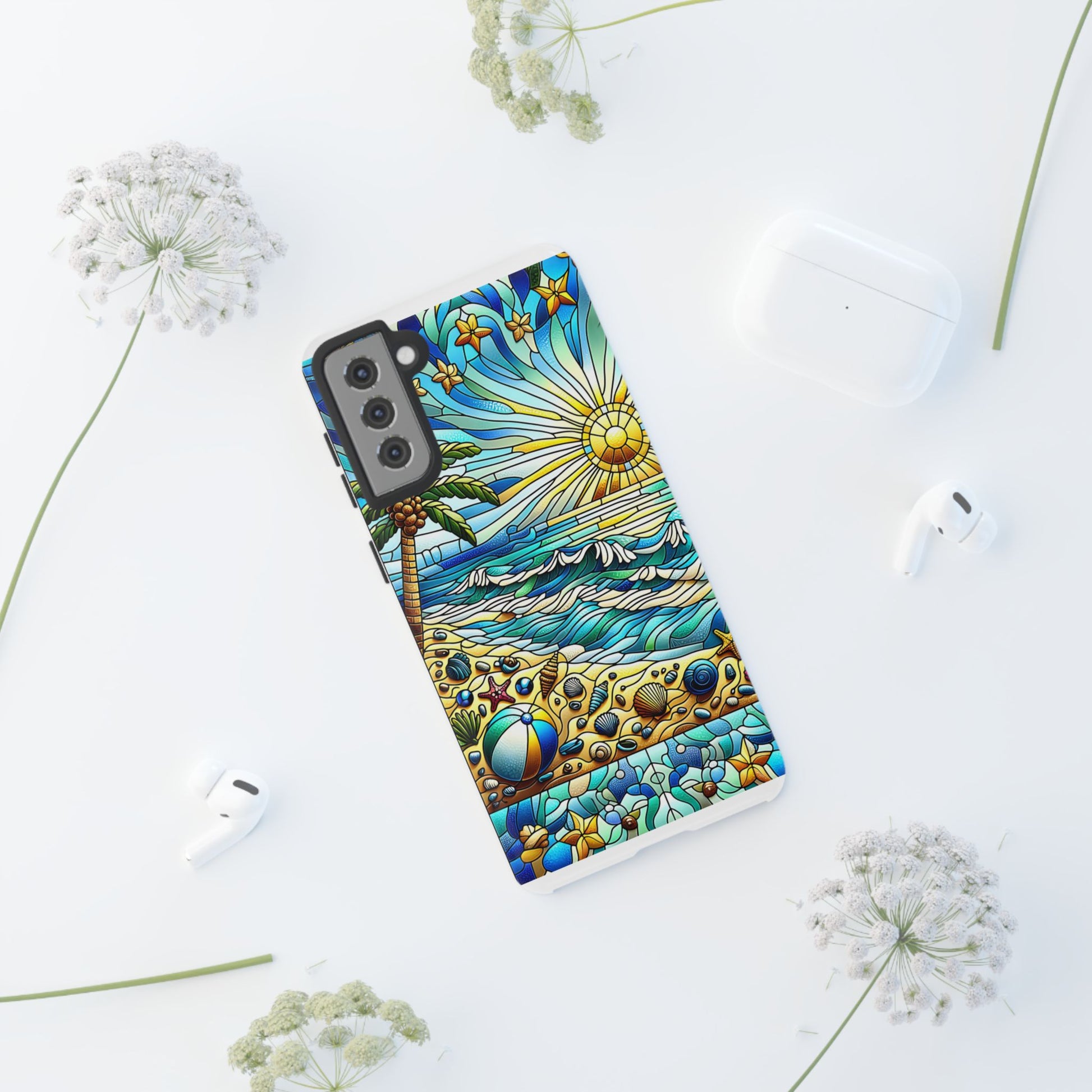 Stained Glass Tough Case, Protective Phone Case, Nature Inspired Smartphone Case, Summer Beach Play Day Phone Cover, Tough Phone Case for