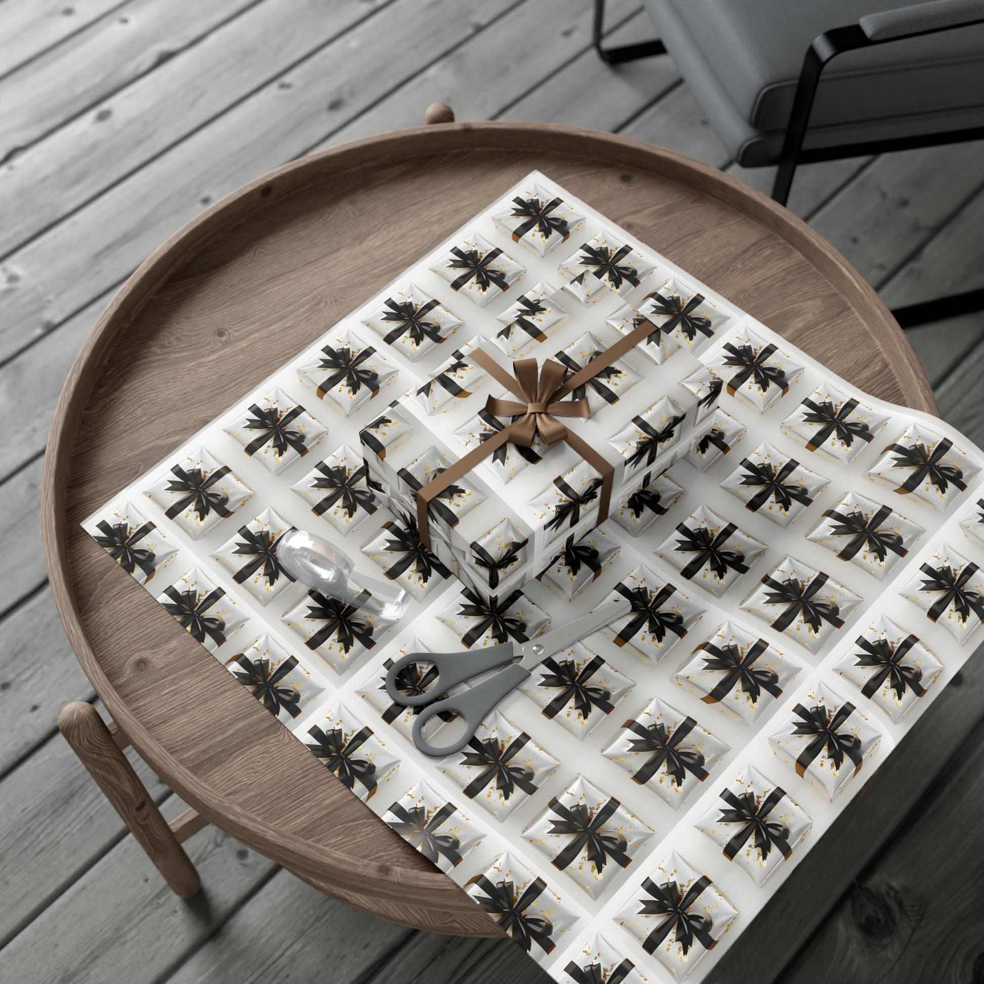 Wrapping Paper, Elegantly Wrapped Gifts On White Background with Black Bows - Gift Wrap Rolls, Eco-Friendly Gift Wrap, Holiday