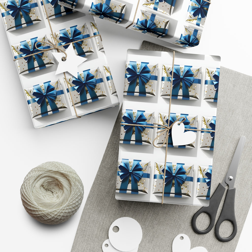Wrapping Paper, Elegantly Wrapped Gifts On White Background with Blue Bows, Christmas Wrapping, Gift Packaging, Festive Decor, Holiday Gift